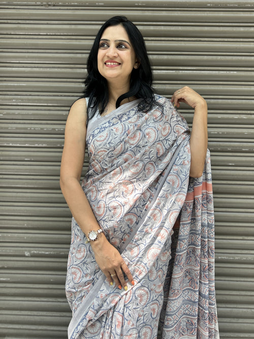 Baagru Mul Cotton Saree - Grey