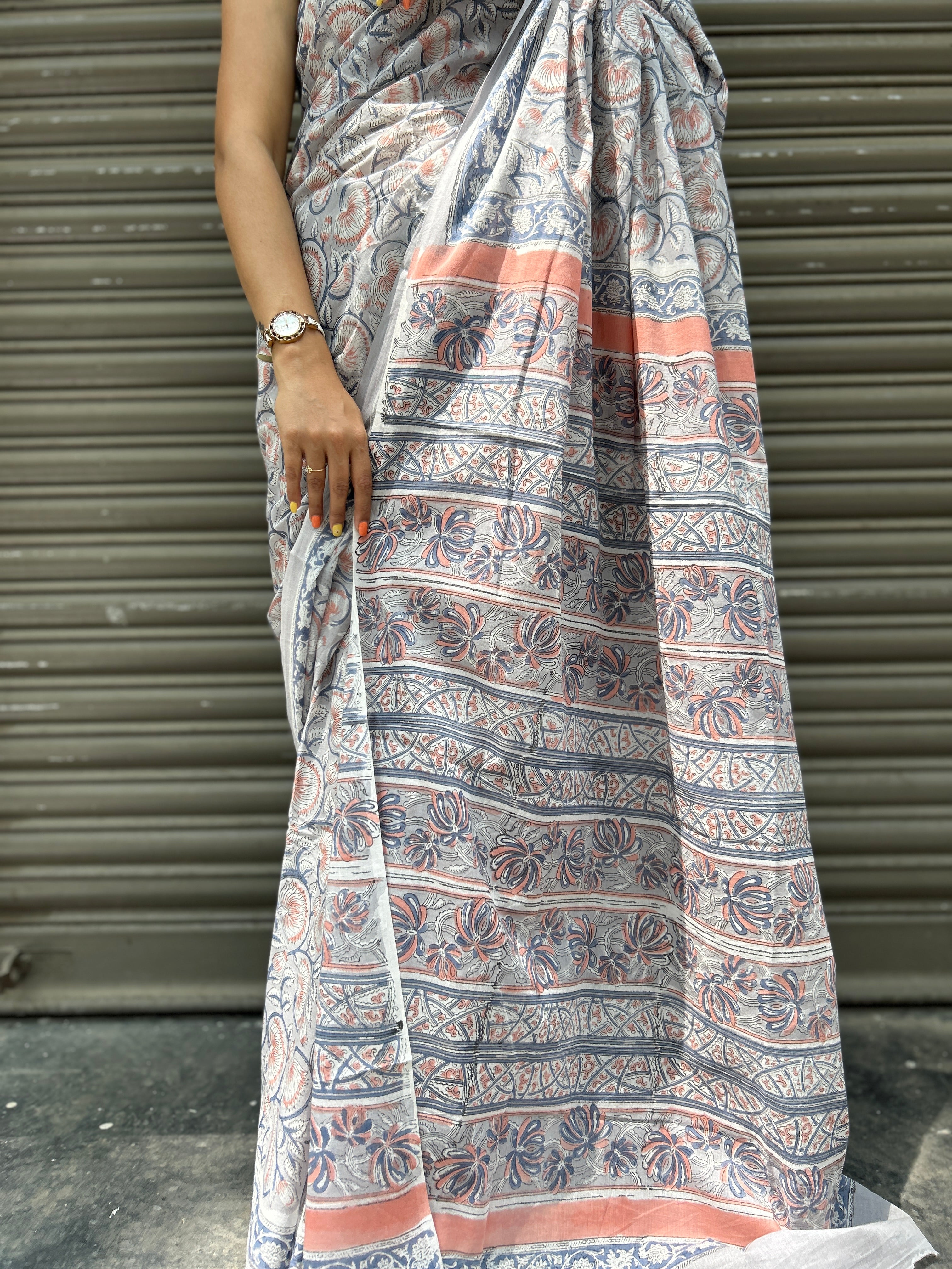 Baagru Mul Cotton Saree - Grey