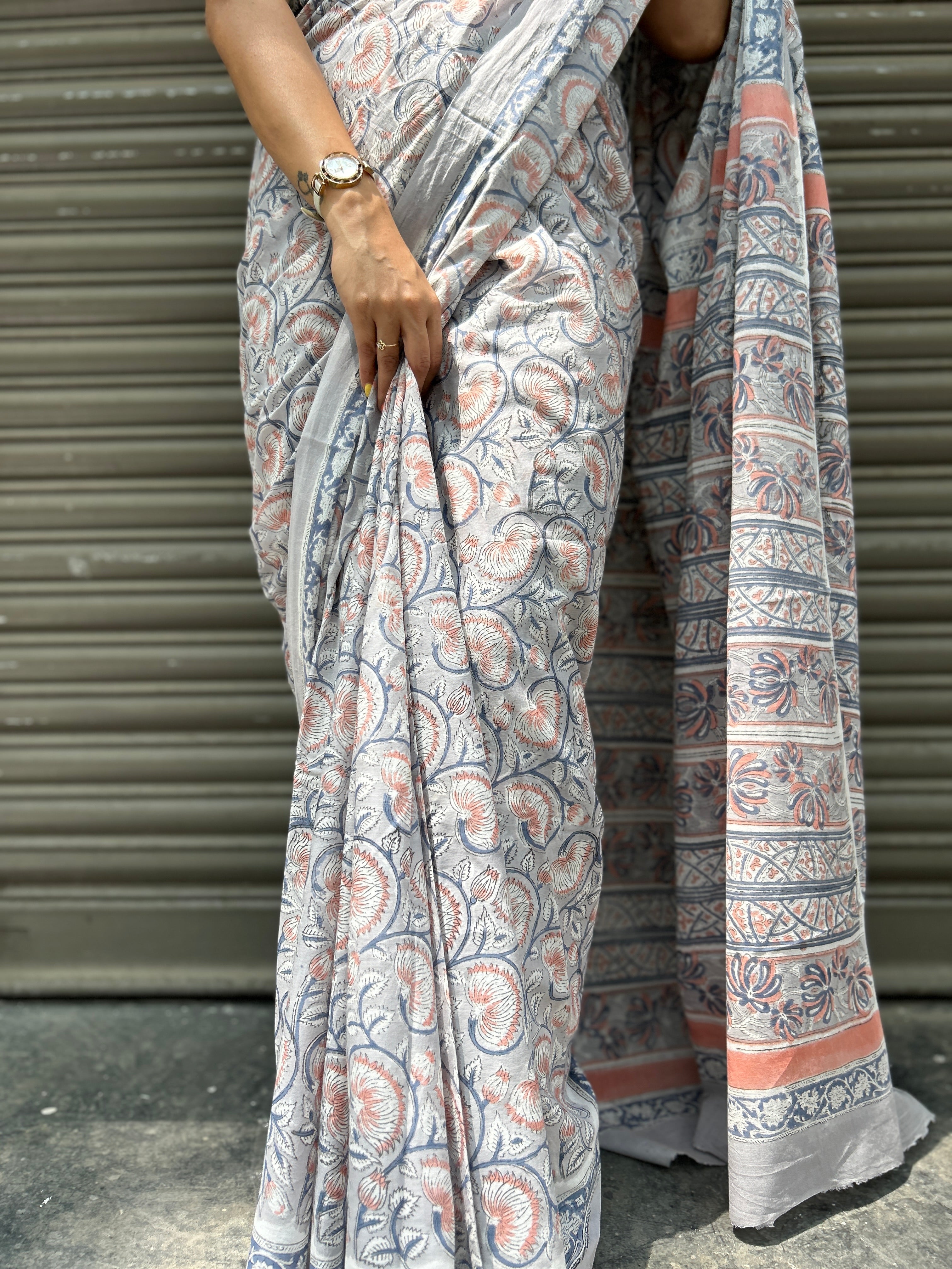 Baagru Mul Cotton Saree - Grey