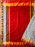 Baha Silk Saree - Light Grey & Red