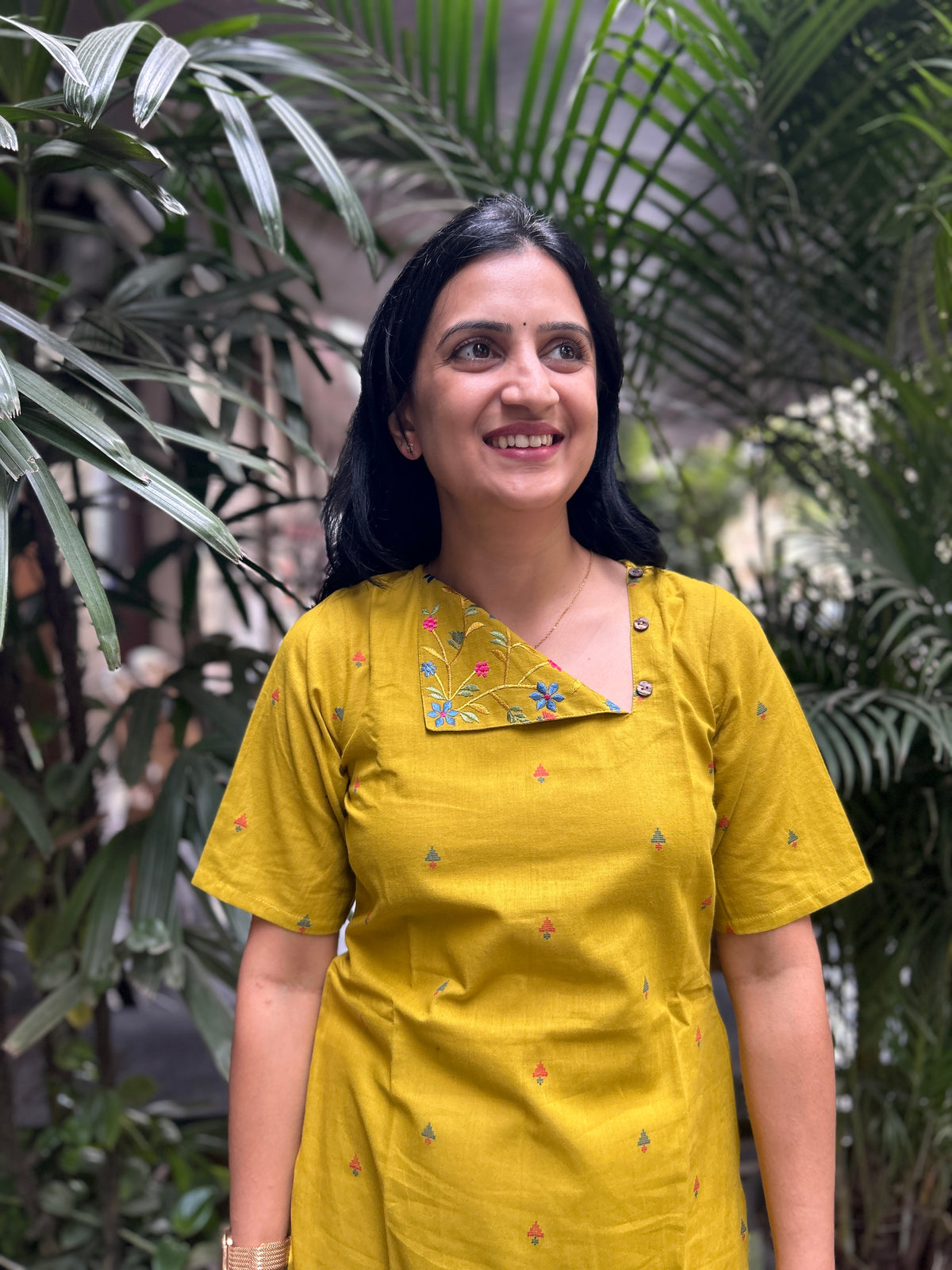 Cotton Kurti with Printed Yoke - Mustard Yellow