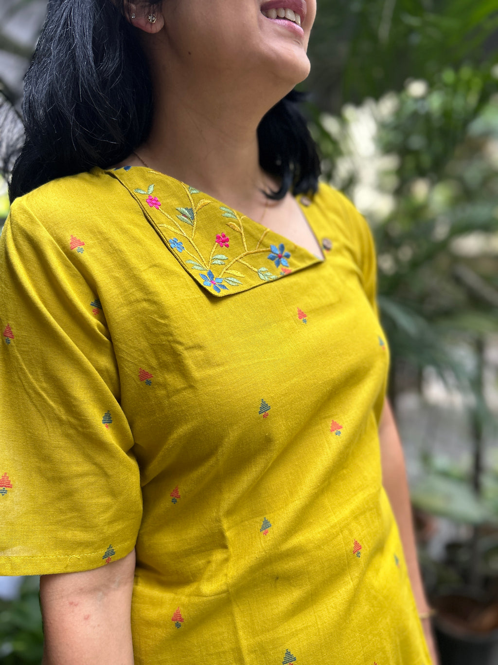 Cotton Kurti with Printed Yoke - Mustard Yellow