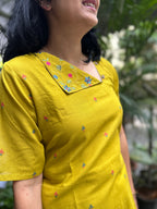 Cotton Kurti with Printed Yoke - Mustard Yellow