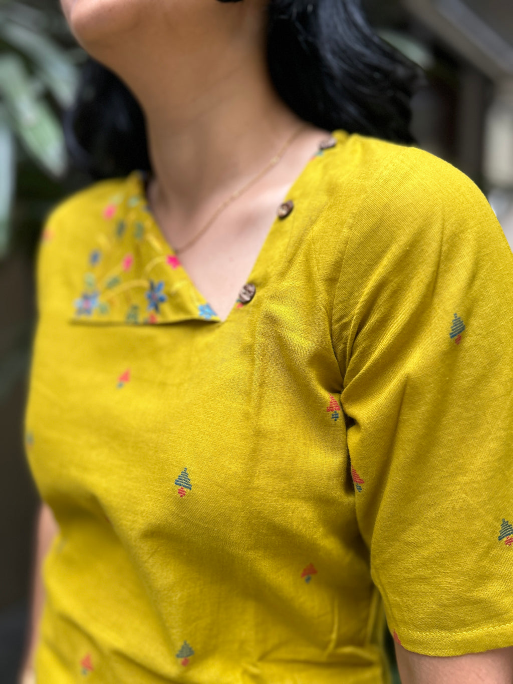 Cotton Kurti with Printed Yoke - Mustard Yellow