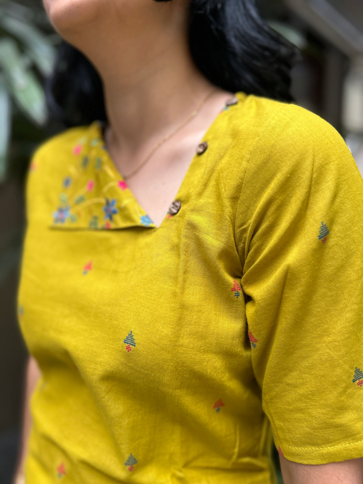 Cotton Kurti with Printed Yoke - Mustard Yellow