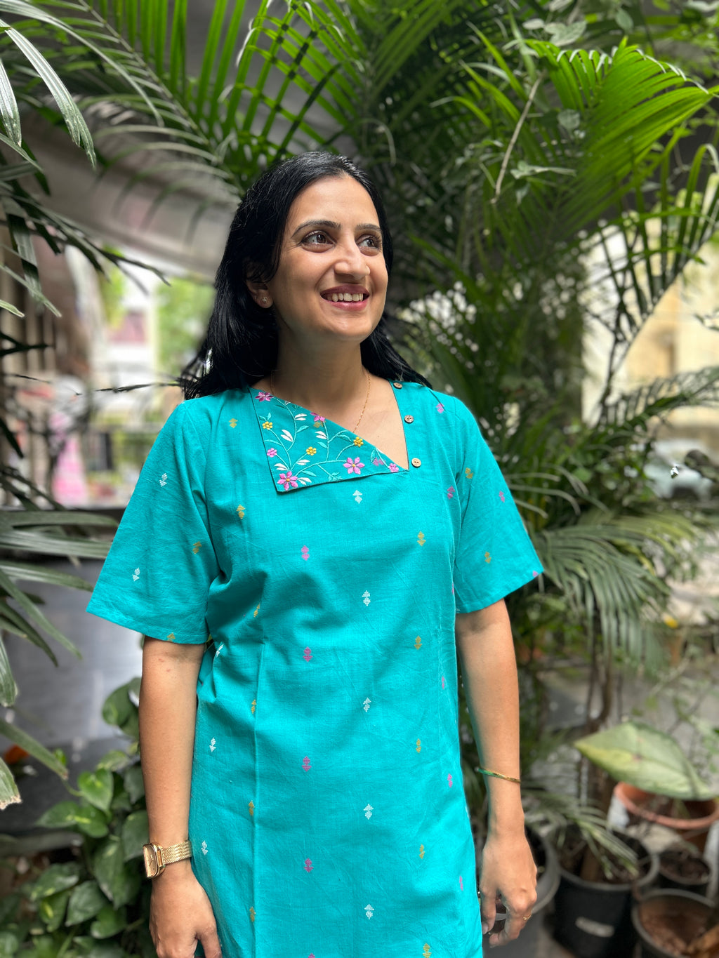 Cotton Kurti with Printed Yoke - Blue