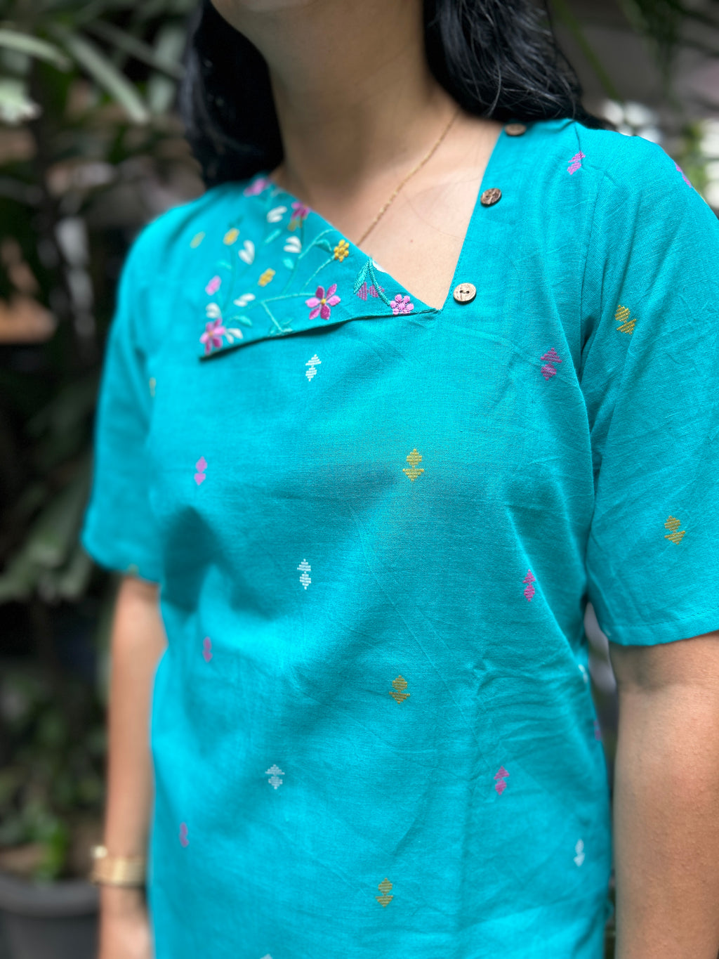 Cotton Kurti with Printed Yoke - Blue