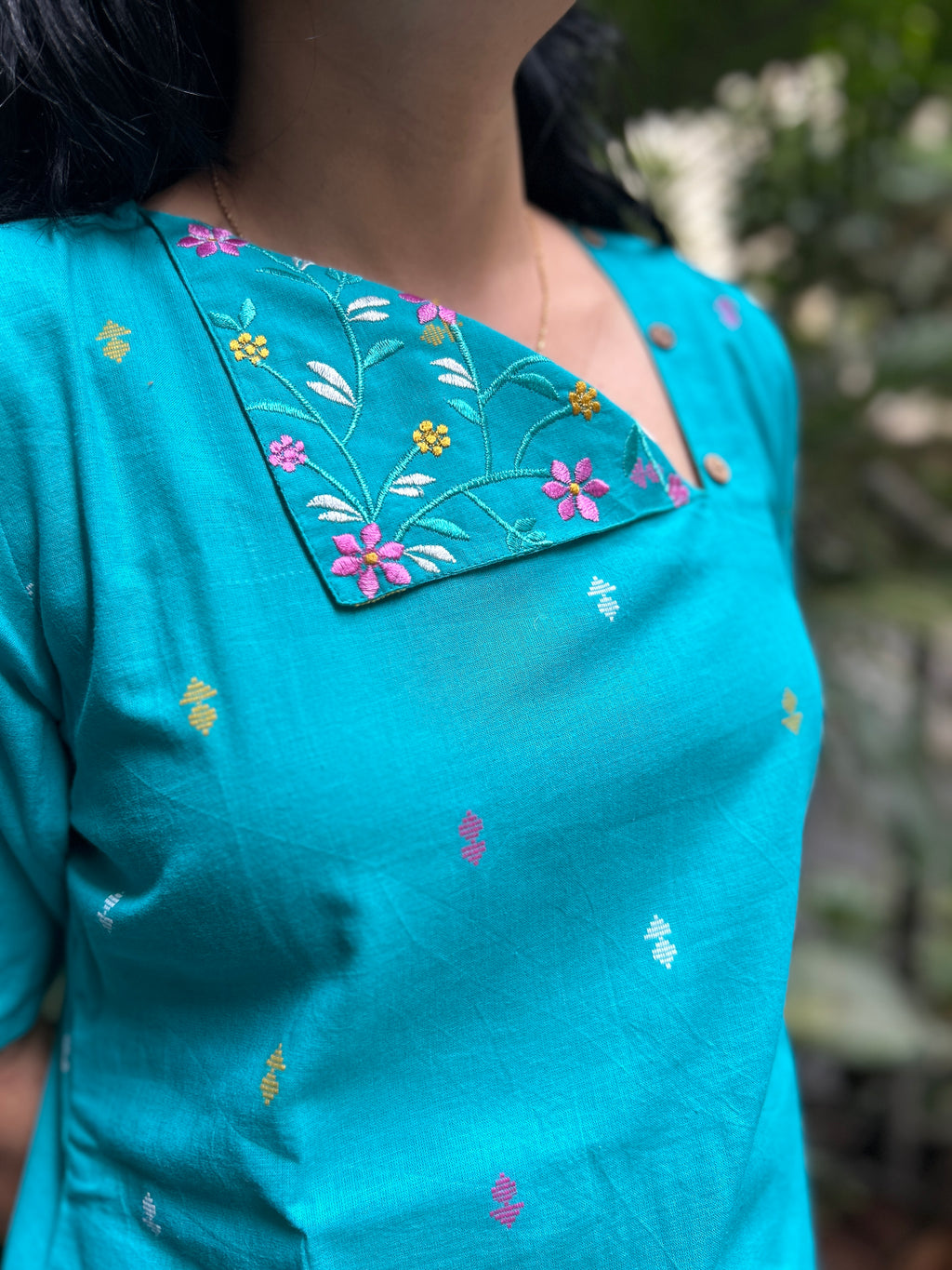Cotton Kurti with Printed Yoke - Blue