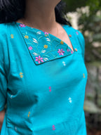 Cotton Kurti with Printed Yoke - Blue
