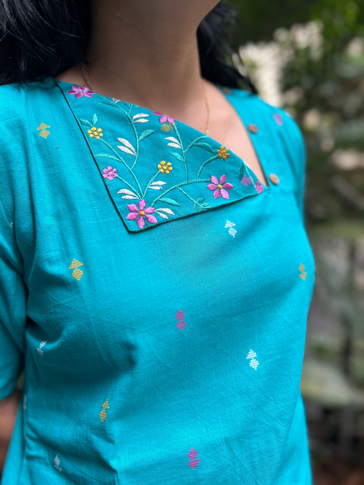 Cotton Kurti with Printed Yoke - Blue