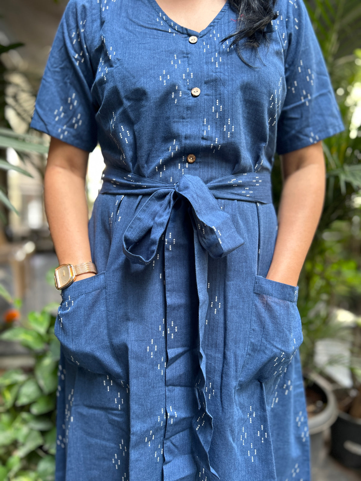Mangalgiri Dress with Belt and Front Pockets - Navy Blue