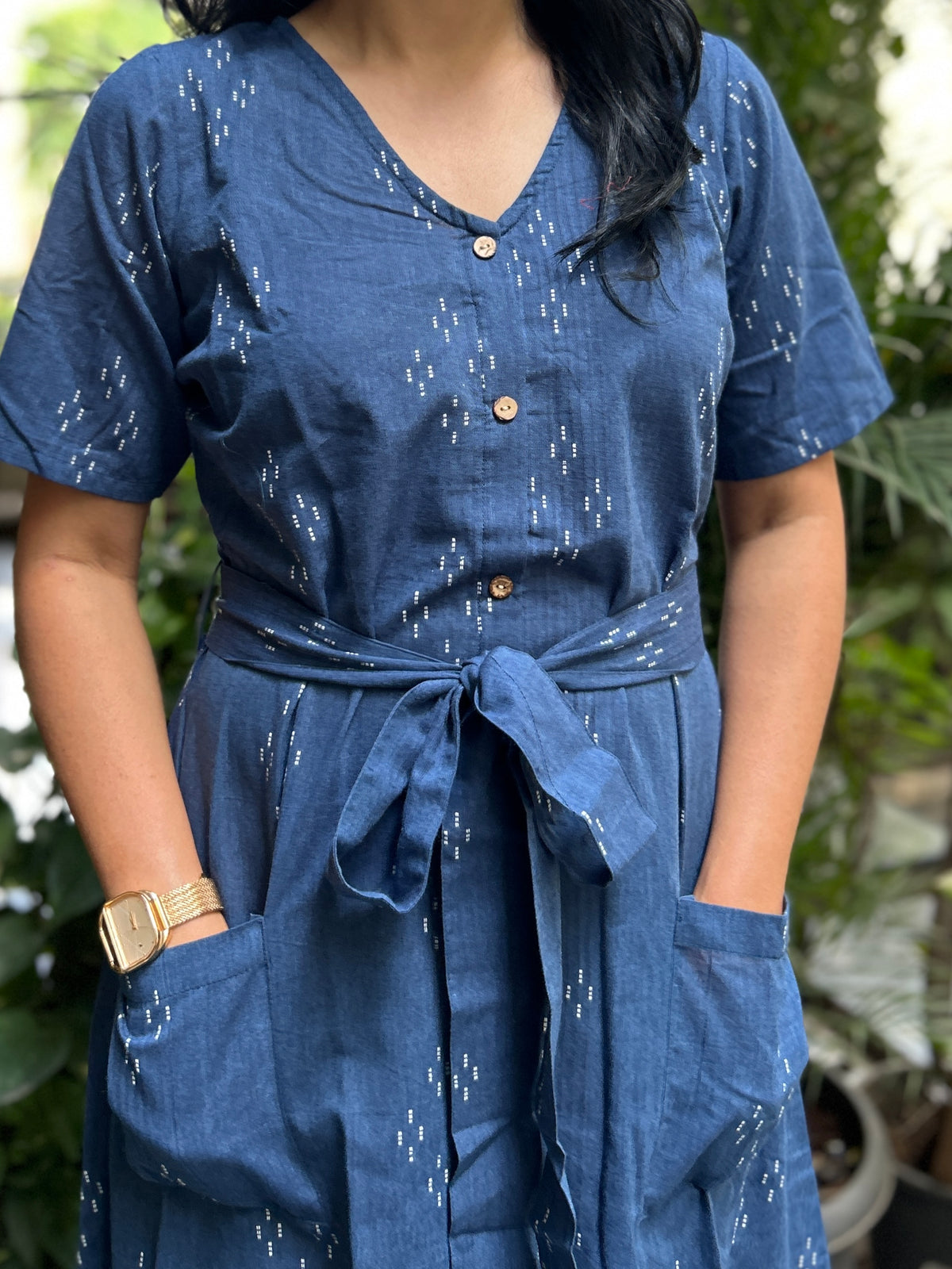 Mangalgiri Dress with Belt and Front Pockets - Navy Blue