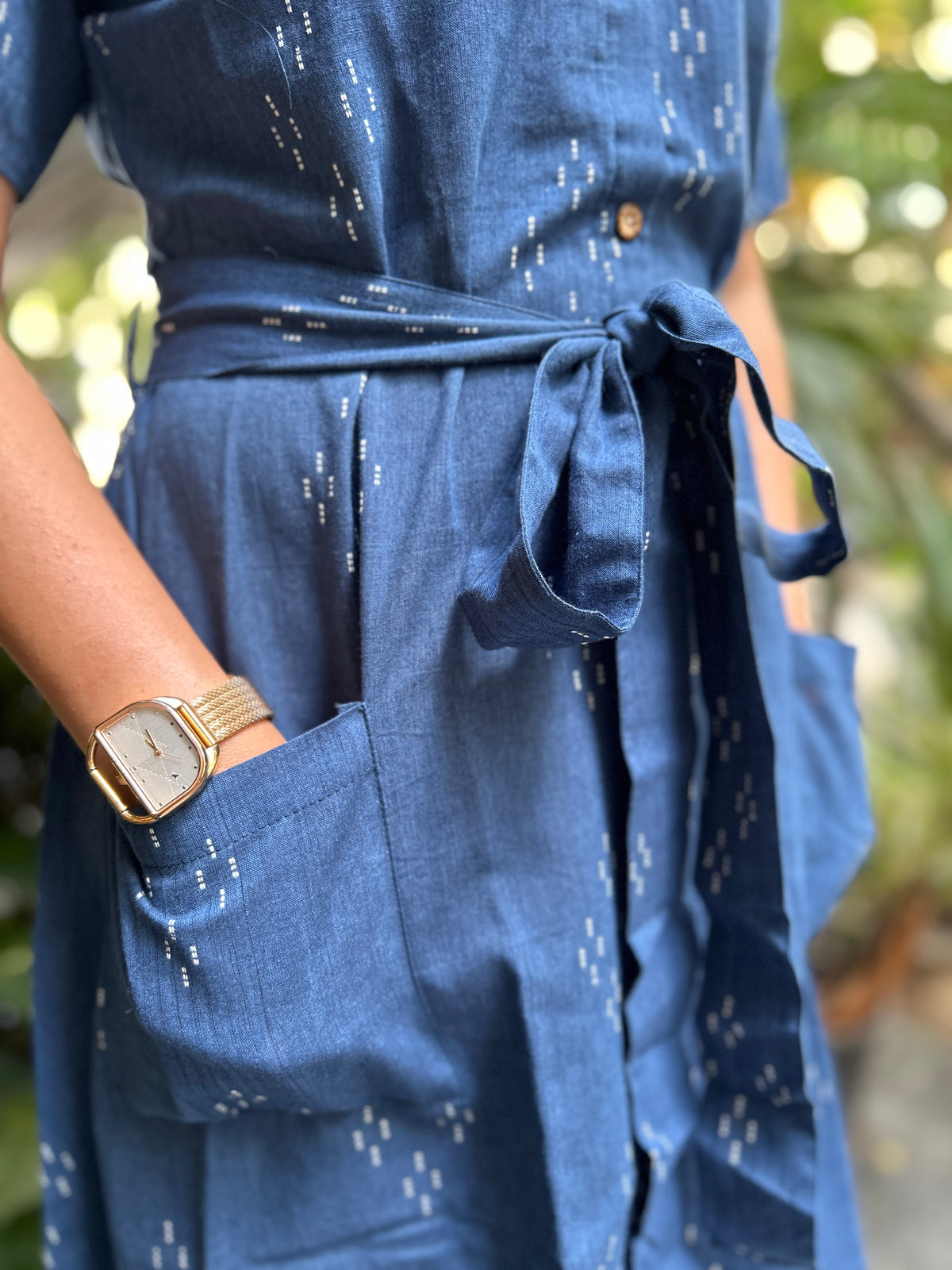 Mangalgiri Dress with Belt and Front Pockets - Navy Blue