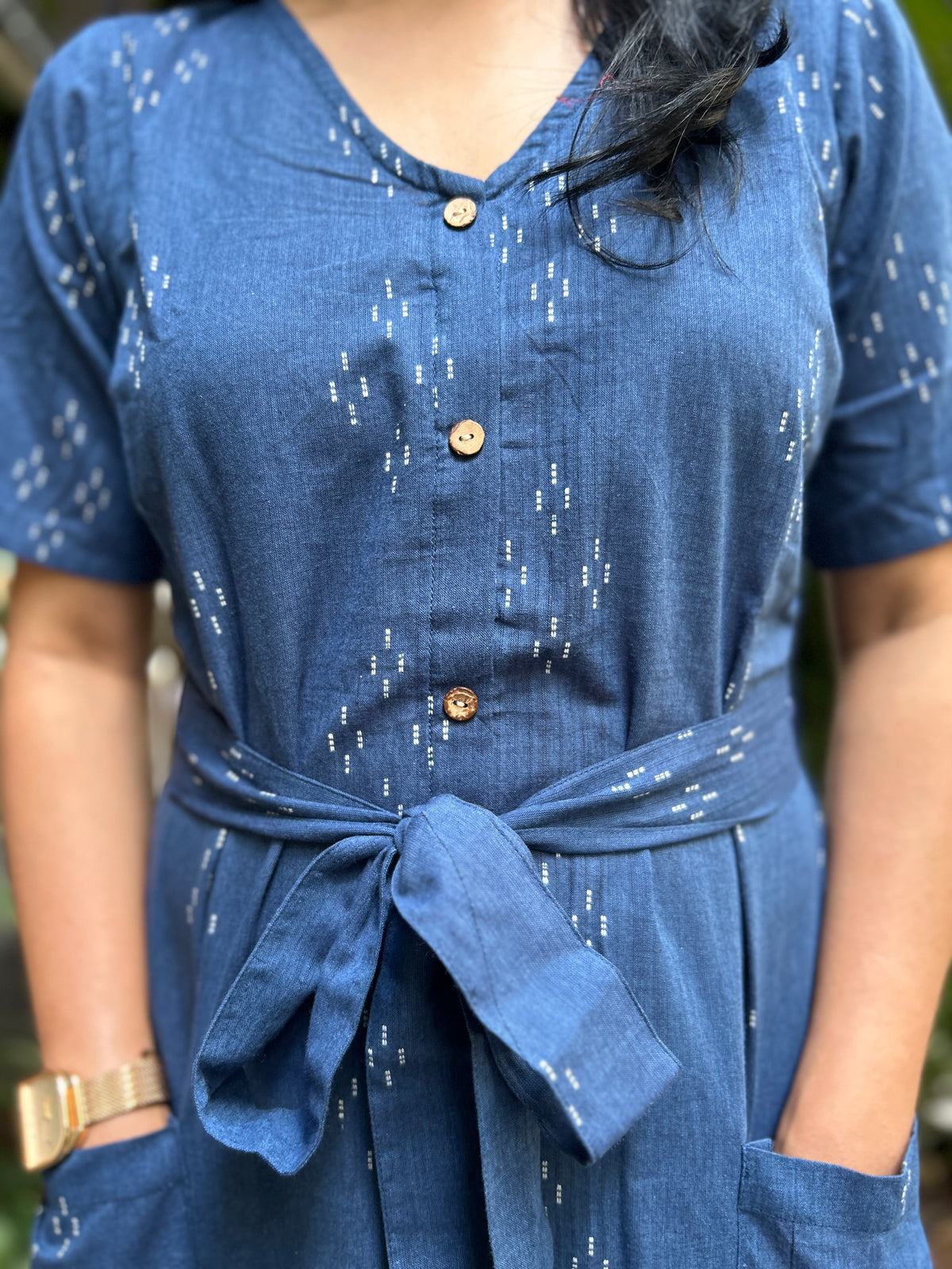 Mangalgiri Dress with Belt and Front Pockets - Navy Blue