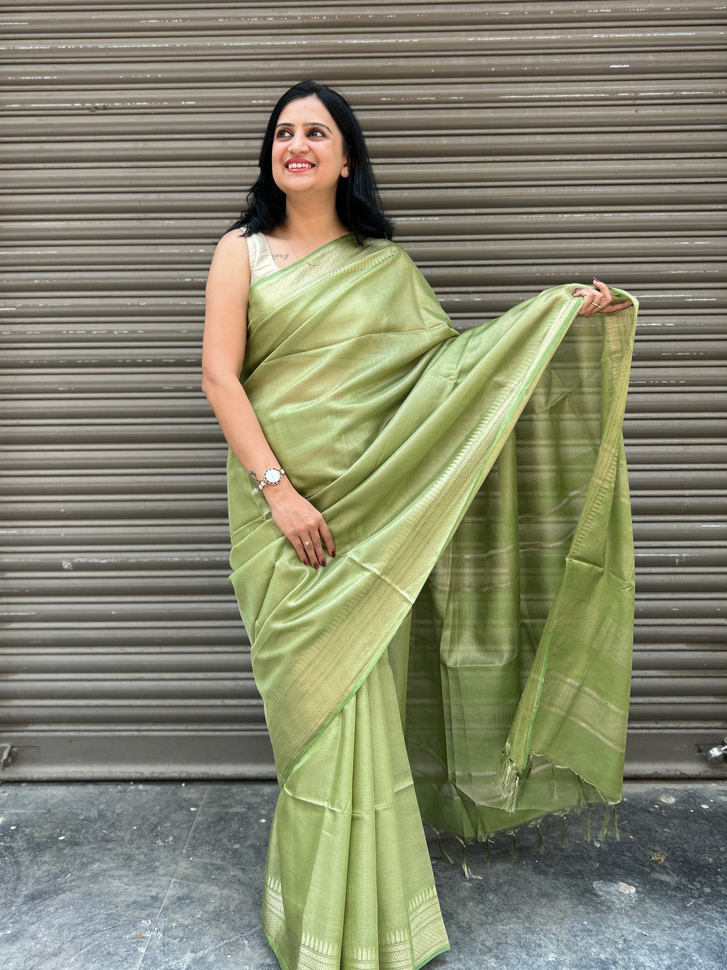 Green Cotton Silk Saree with Zari Checks - Olive Green
