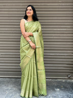 Green Cotton Silk Saree with Zari Checks - Olive Green