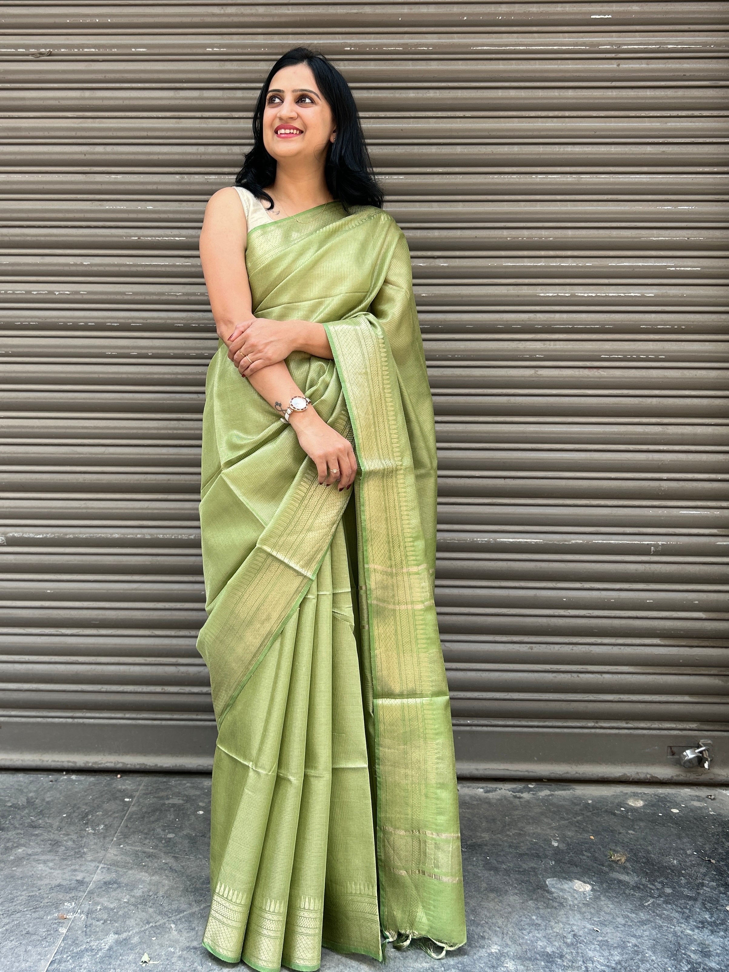 Green Cotton Silk Saree with Zari Checks - Olive Green