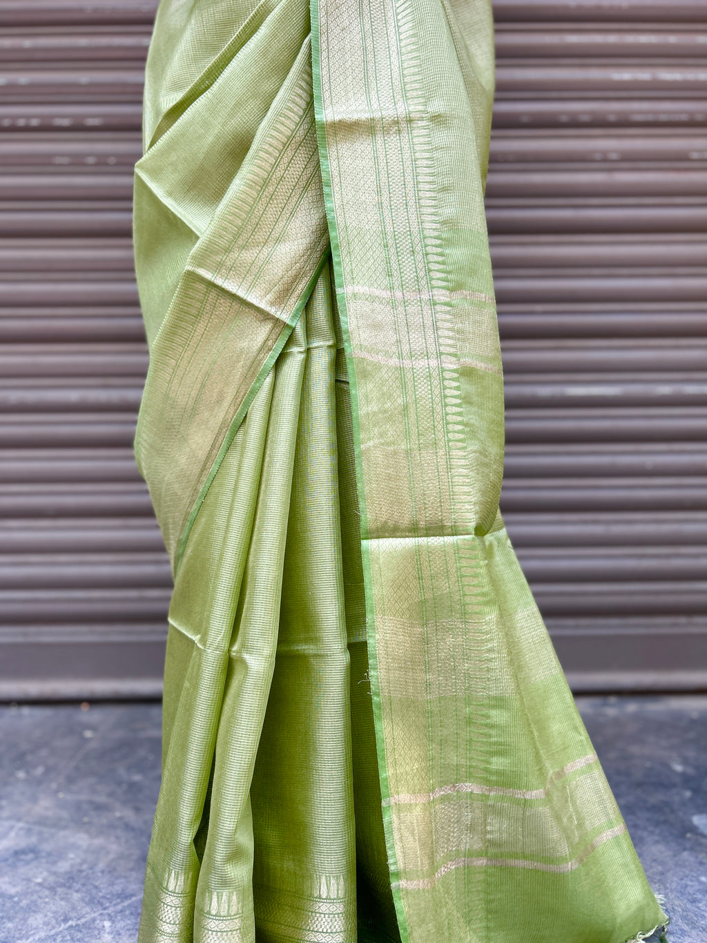 Green Cotton Silk Saree with Zari Checks - Olive Green