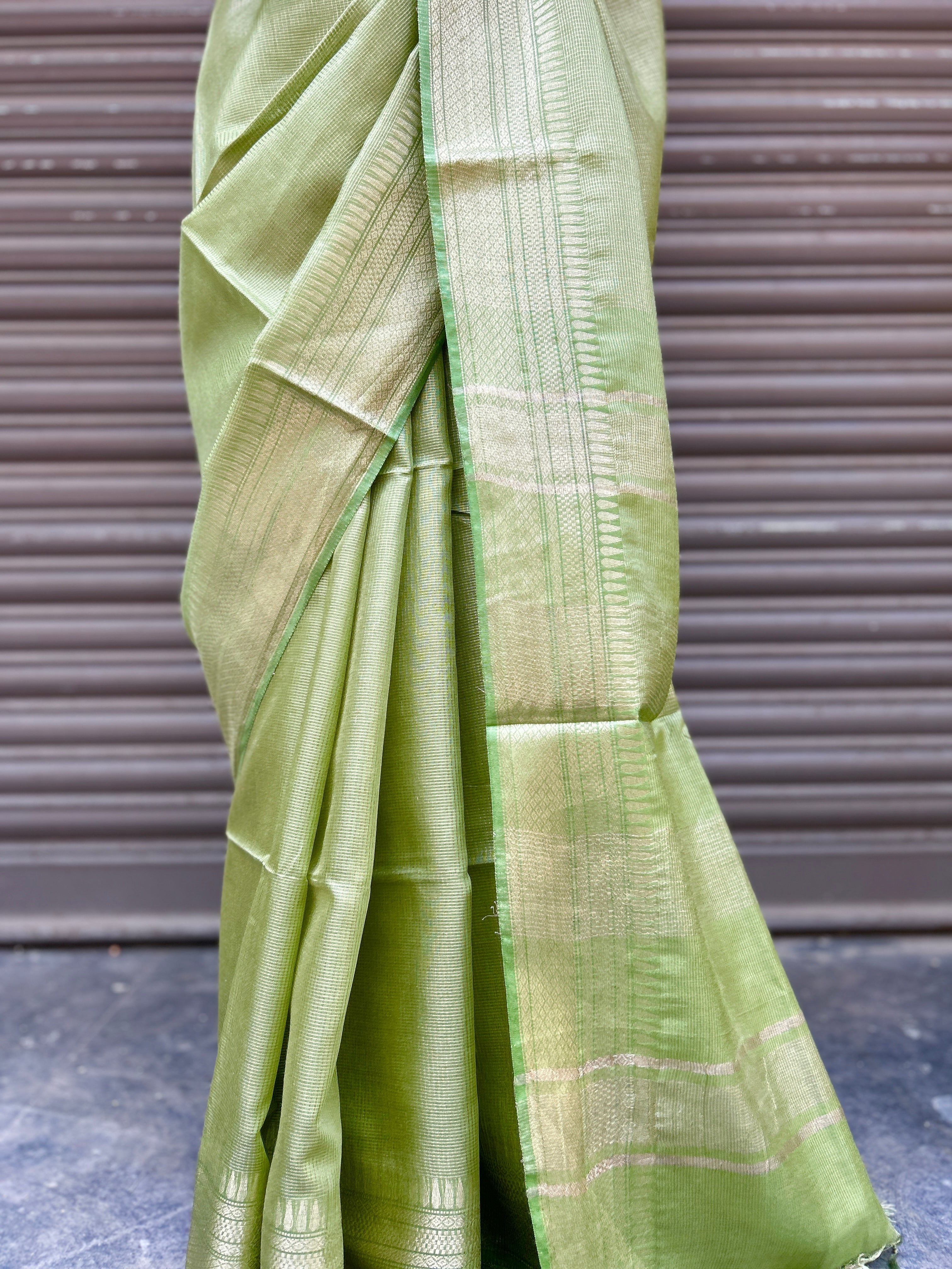 Green Cotton Silk Saree with Zari Checks - Olive Green