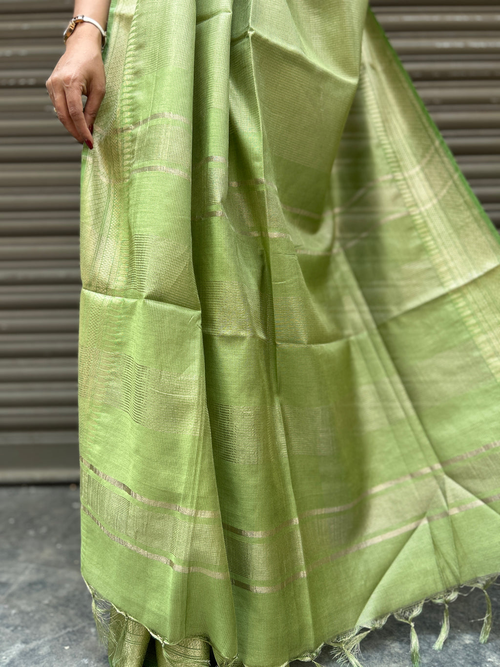 Green Cotton Silk Saree with Zari Checks - Olive Green