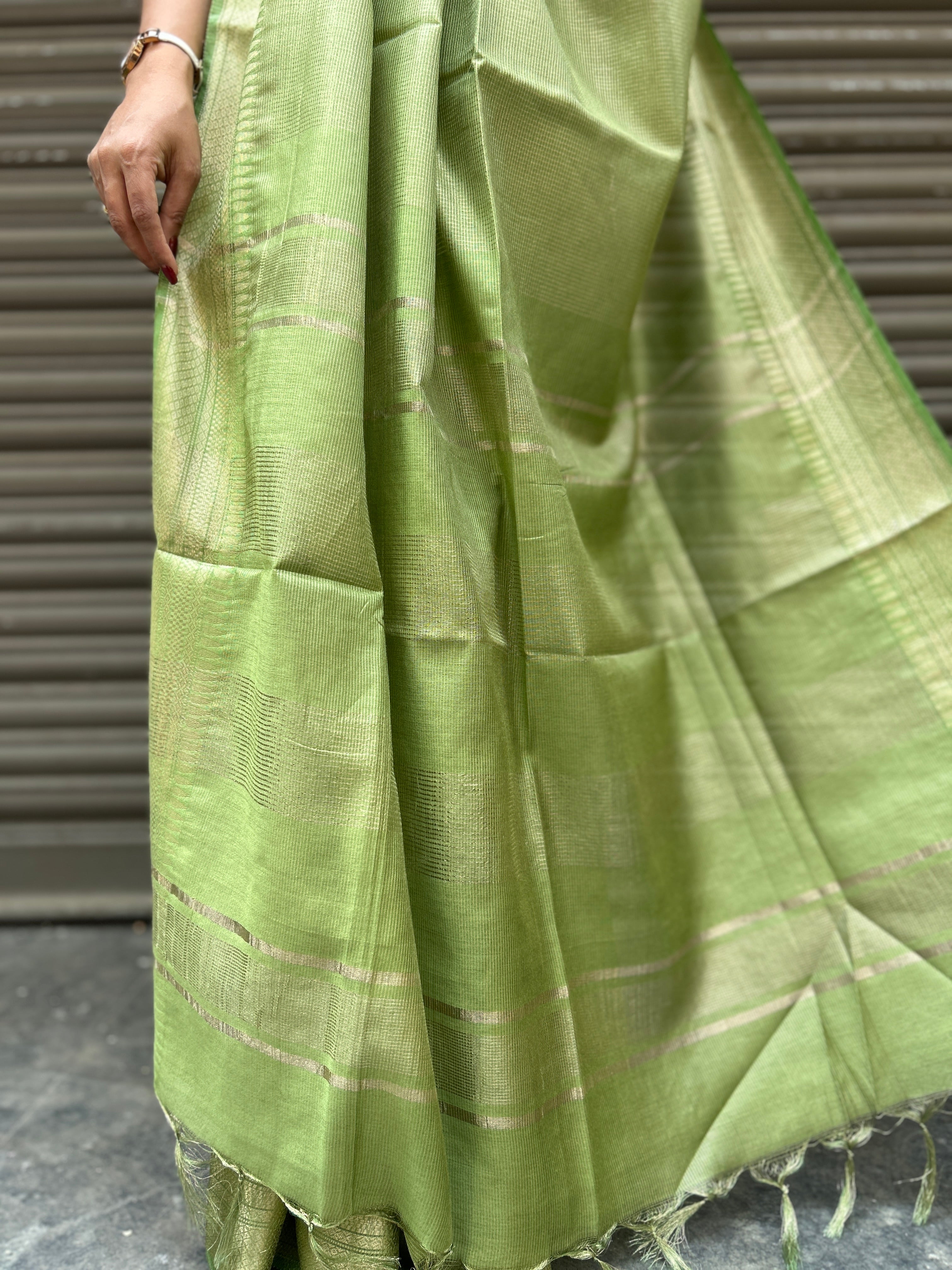 Green Cotton Silk Saree with Zari Checks - Olive Green