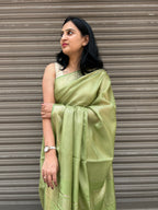 Green Cotton Silk Saree with Zari Checks - Olive Green