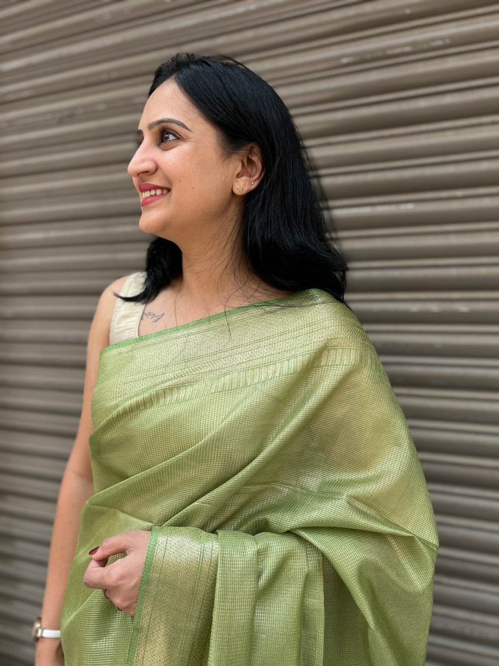 Green Cotton Silk Saree with Zari Checks - Olive Green