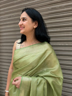 Green Cotton Silk Saree with Zari Checks - Olive Green