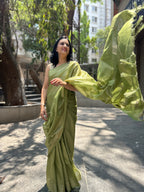 Green Cotton Silk Saree with Zari Checks - Olive Green