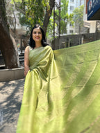 Green Cotton Silk Saree with Zari Checks - Olive Green