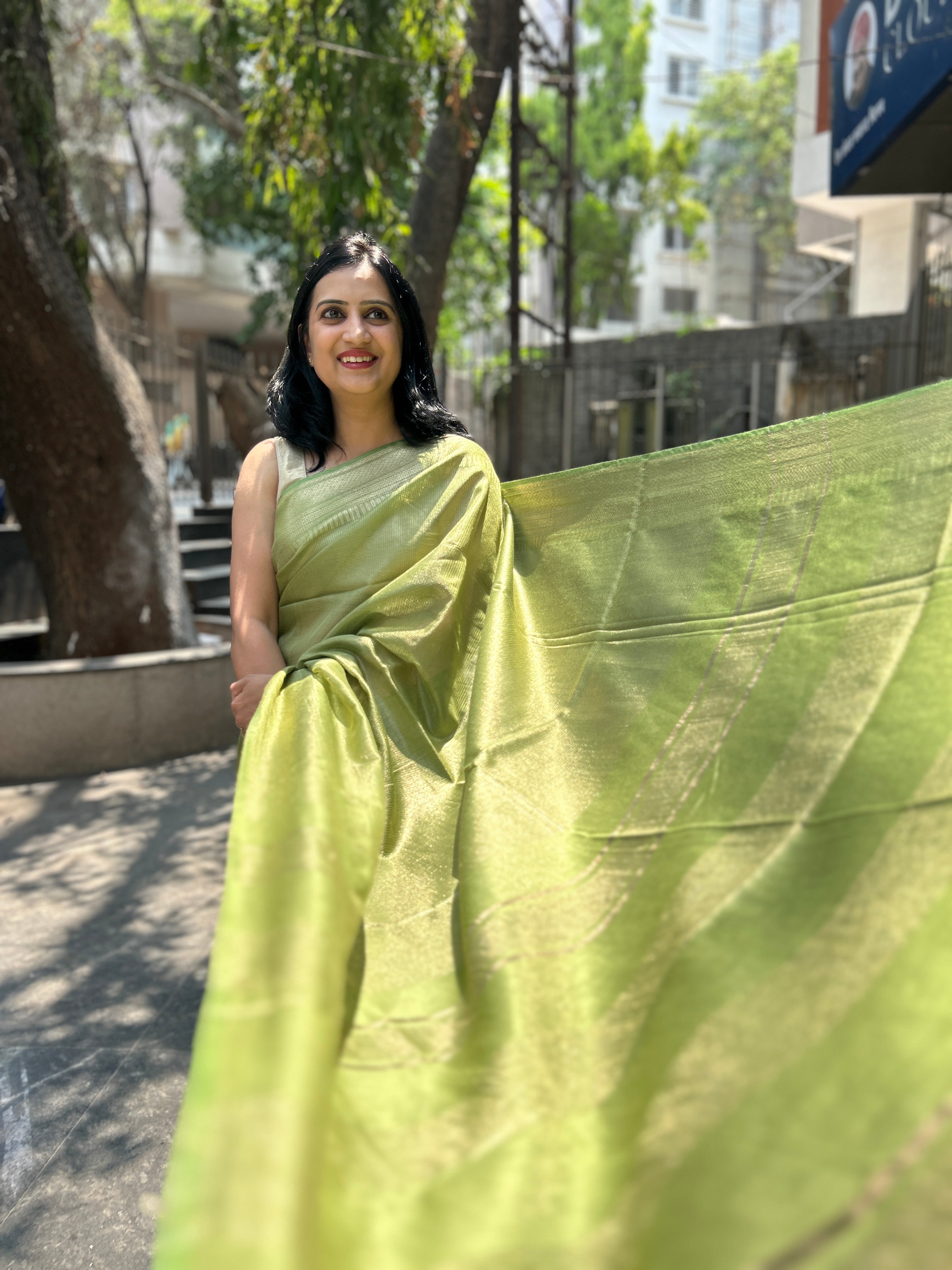 Green Cotton Silk Saree with Zari Checks - Olive Green