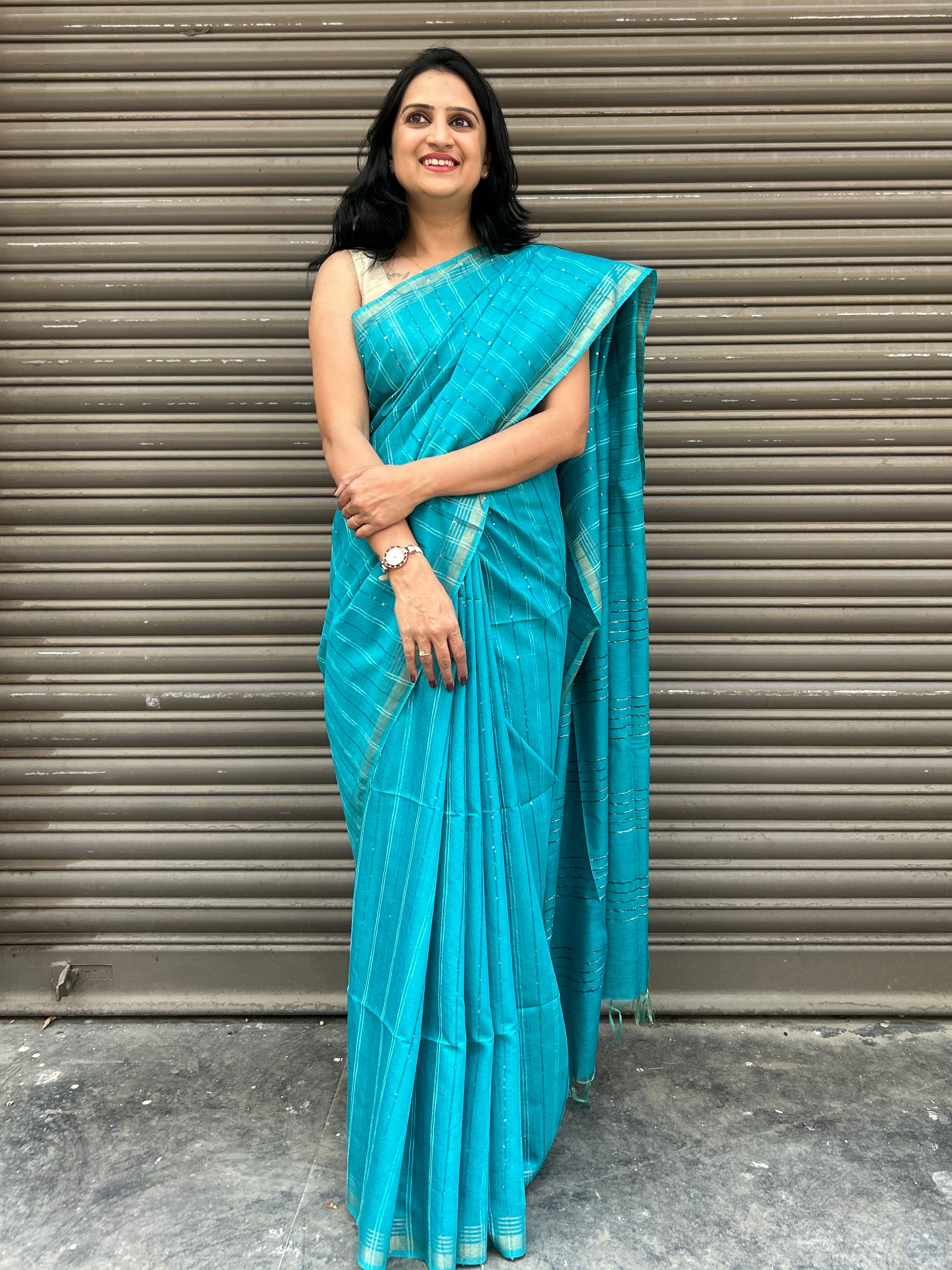 Cotton Silk Saree with Tikli Embroidery - Sea Green