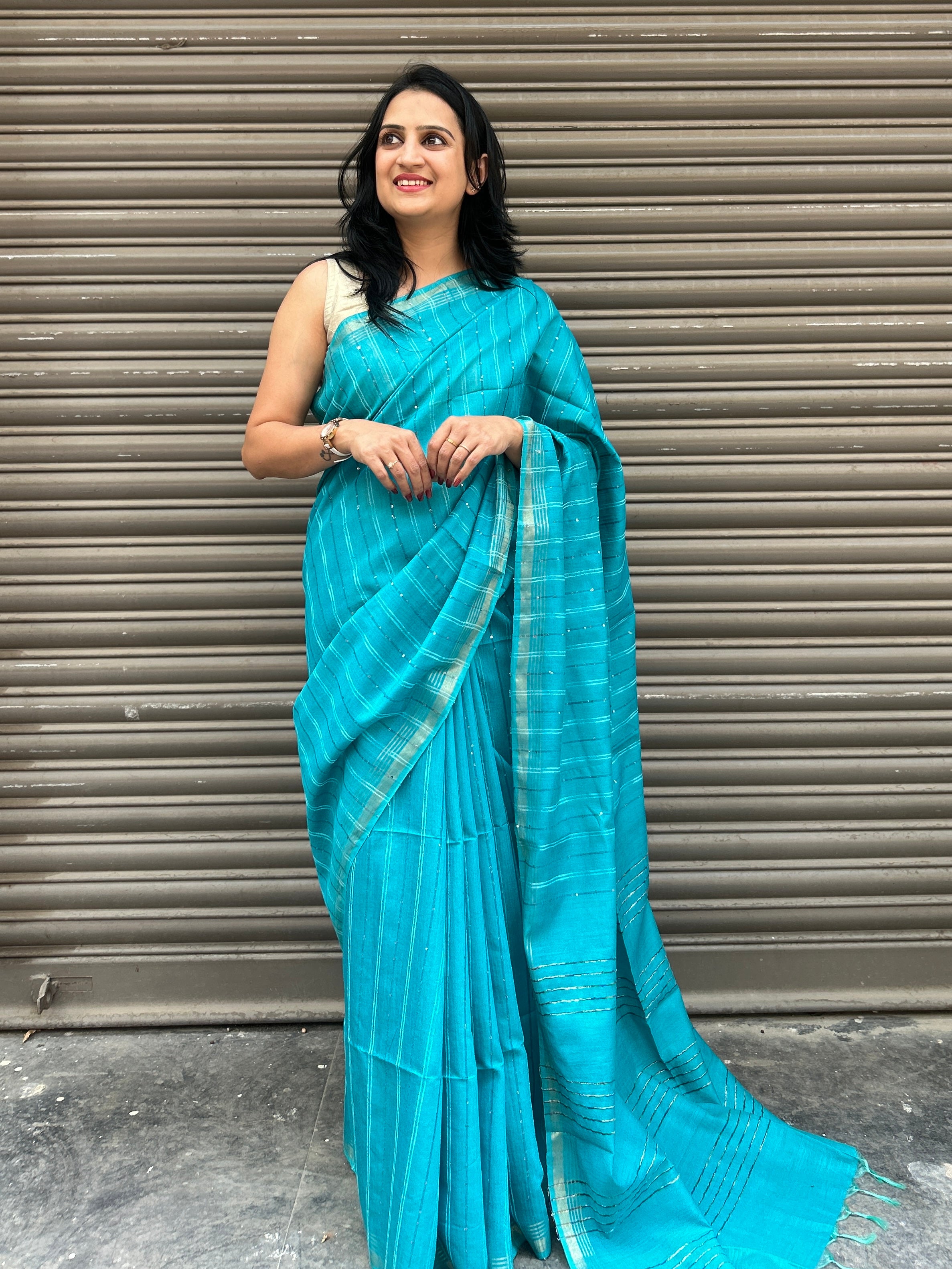 Cotton Silk Saree with Tikli Embroidery - Sea Green