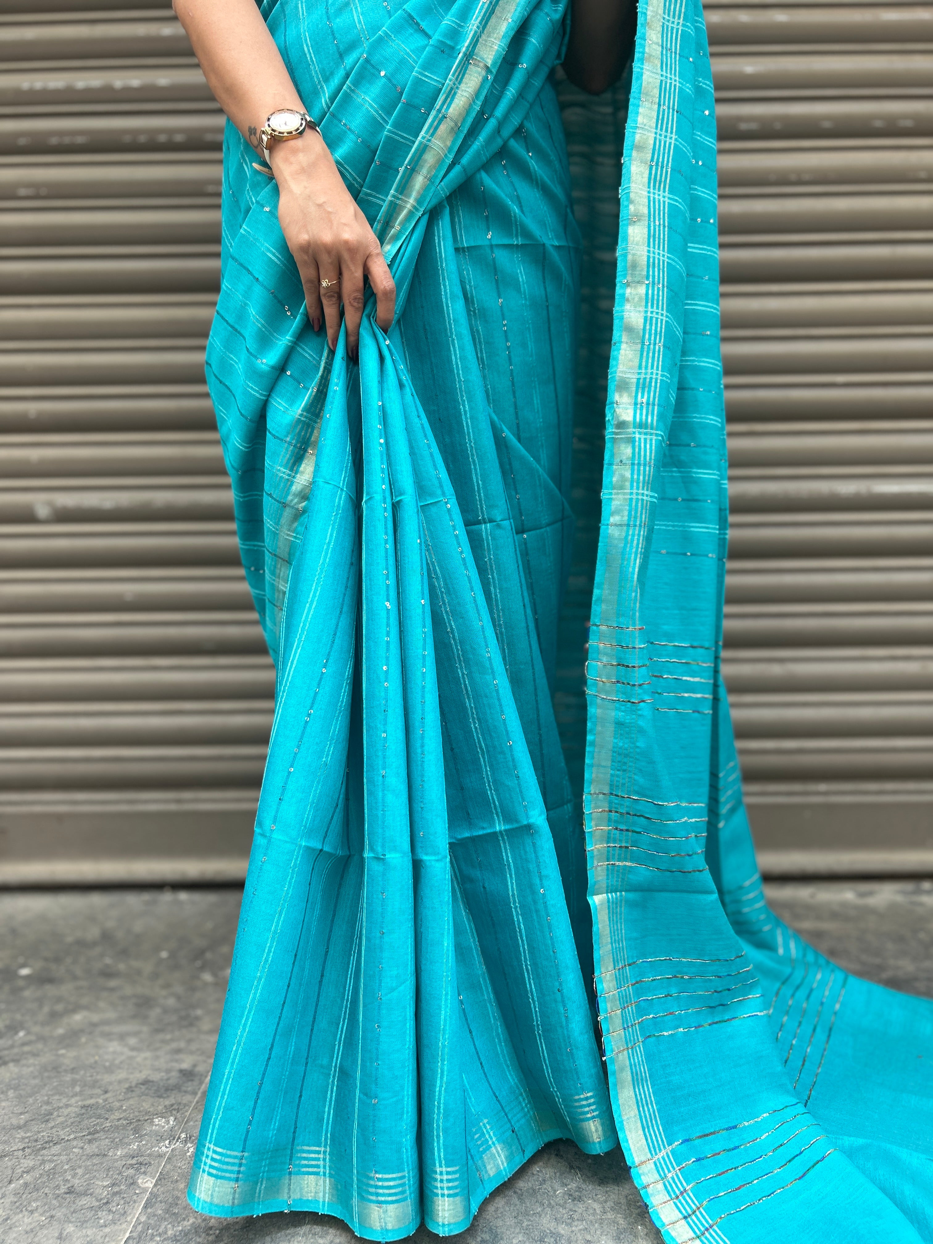 Cotton Silk Saree with Tikli Embroidery - Sea Green