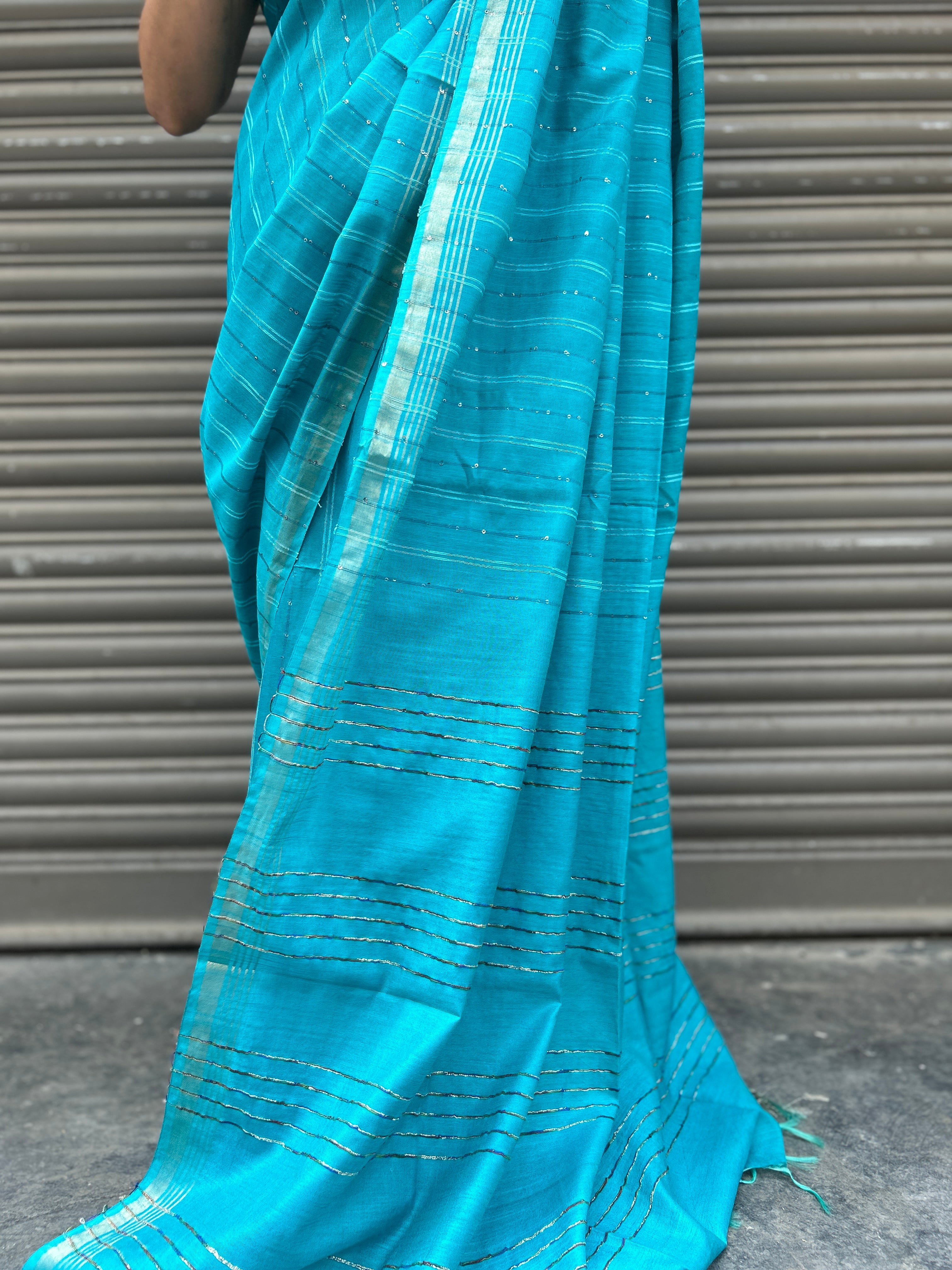 Cotton Silk Saree with Tikli Embroidery - Sea Green