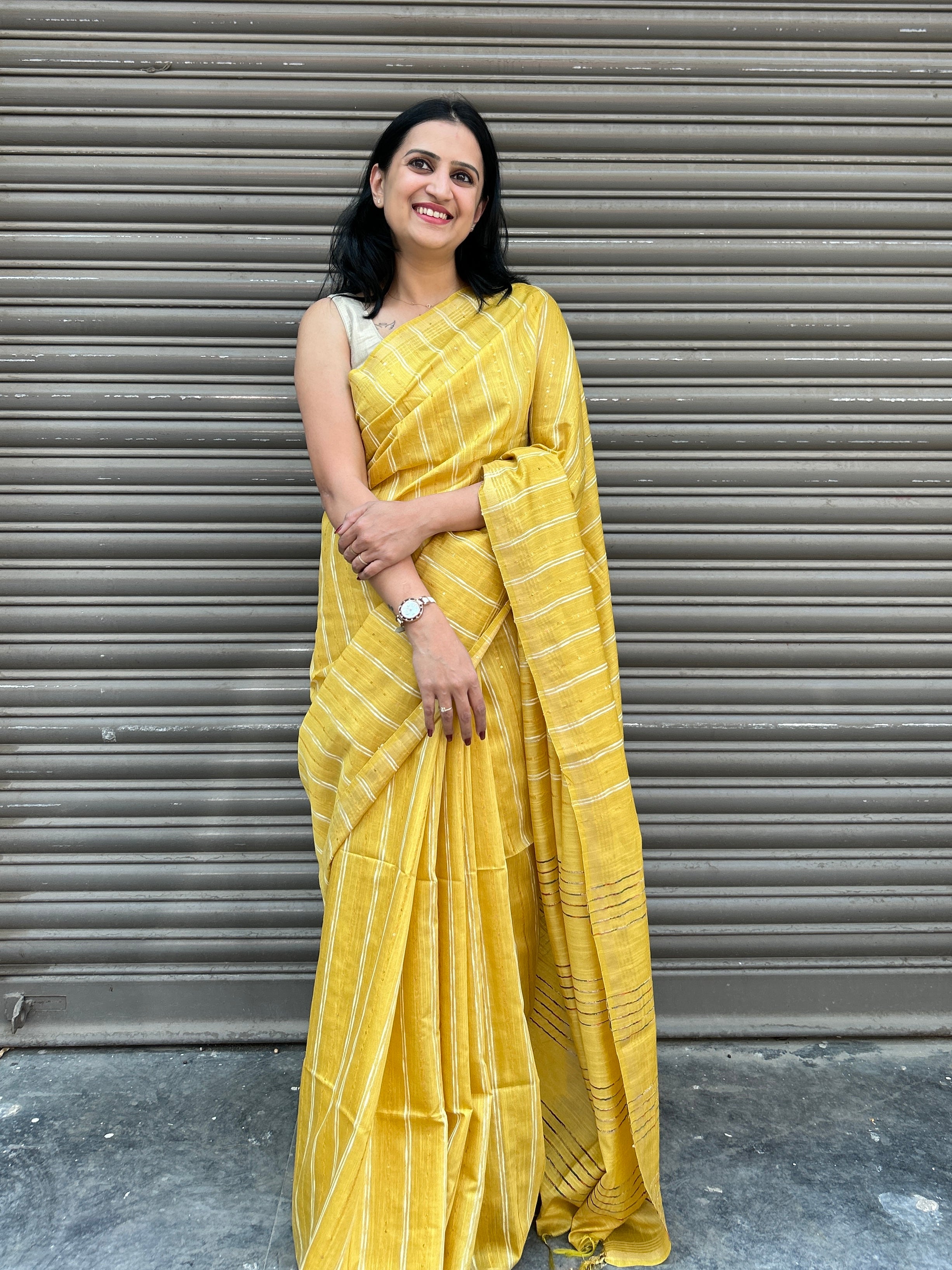 Cotton Silk Saree with Tikli Embroidery - Golden Yellow