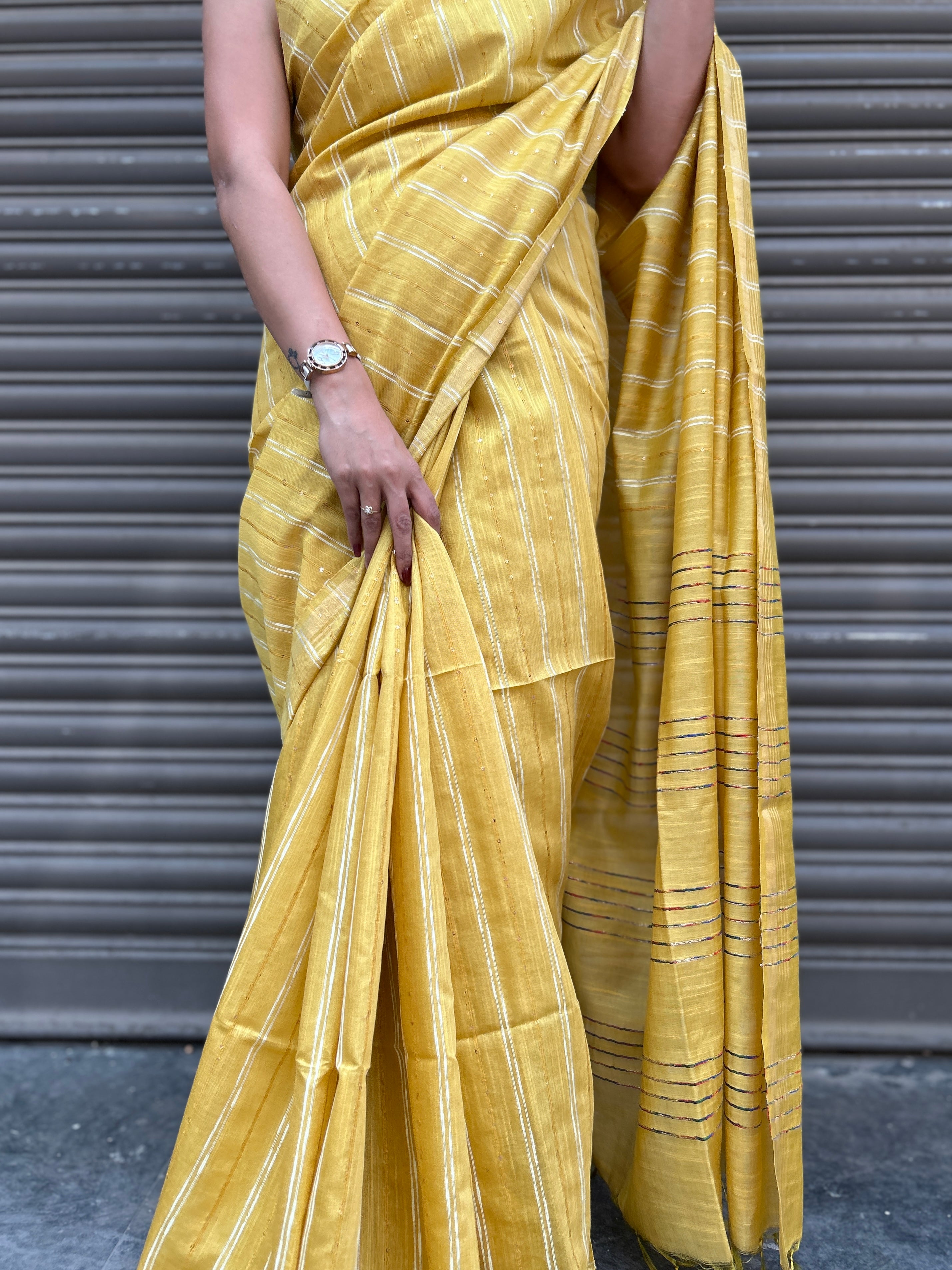 Cotton Silk Saree with Tikli Embroidery - Golden Yellow