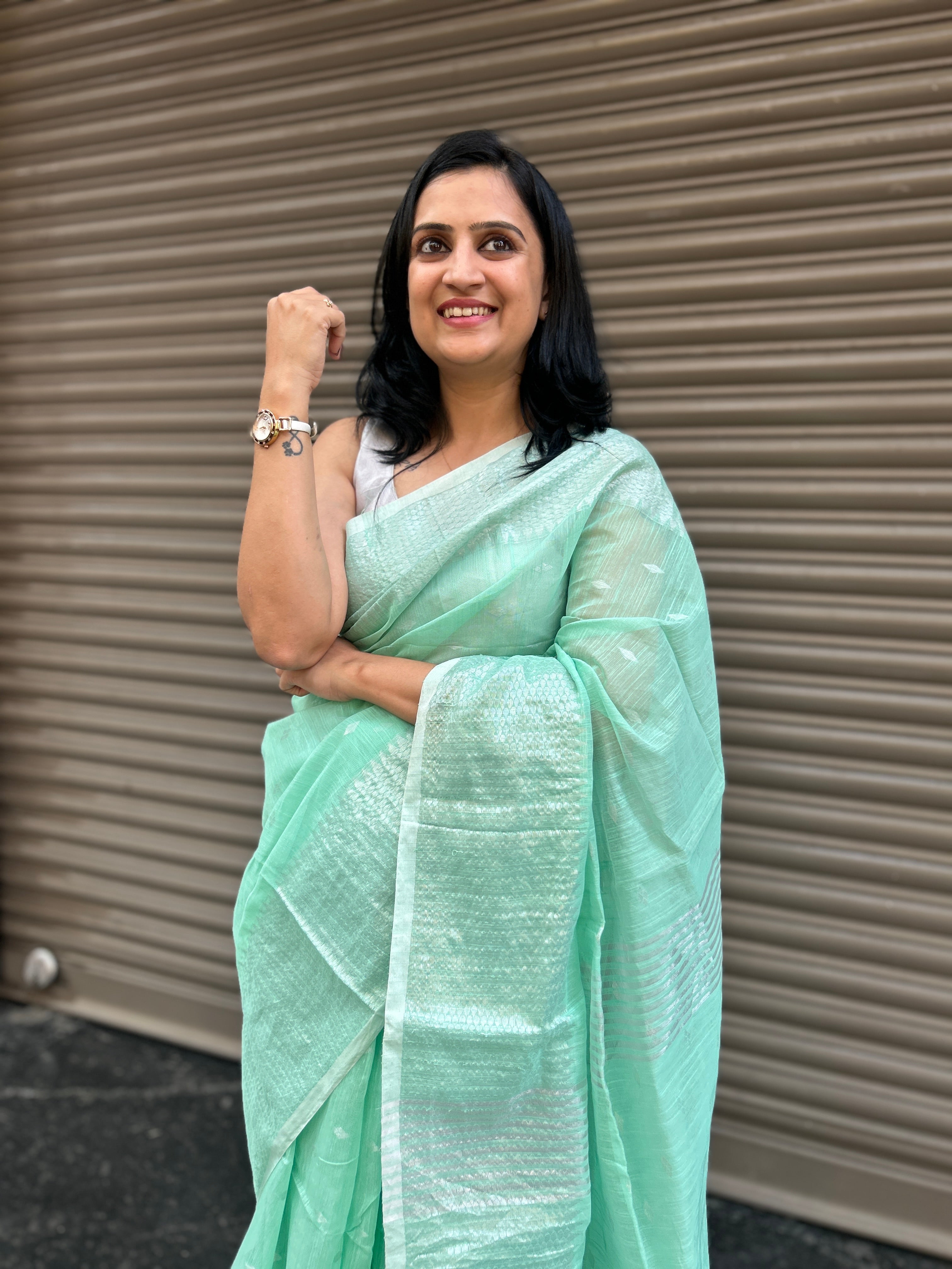 Cotton Saree with Silver Zari Work - Pista Green