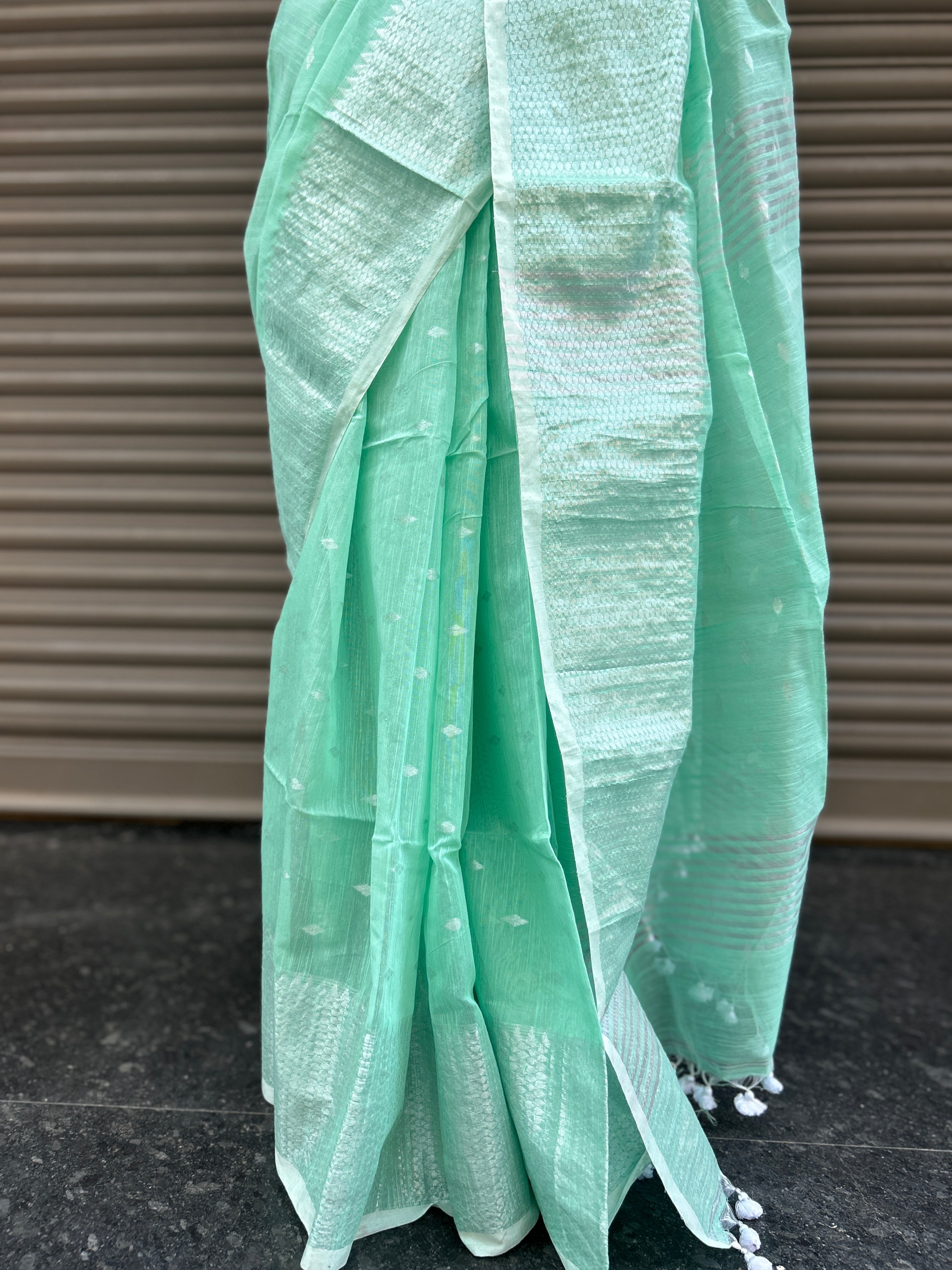 Cotton Saree with Silver Zari Work - Pista Green
