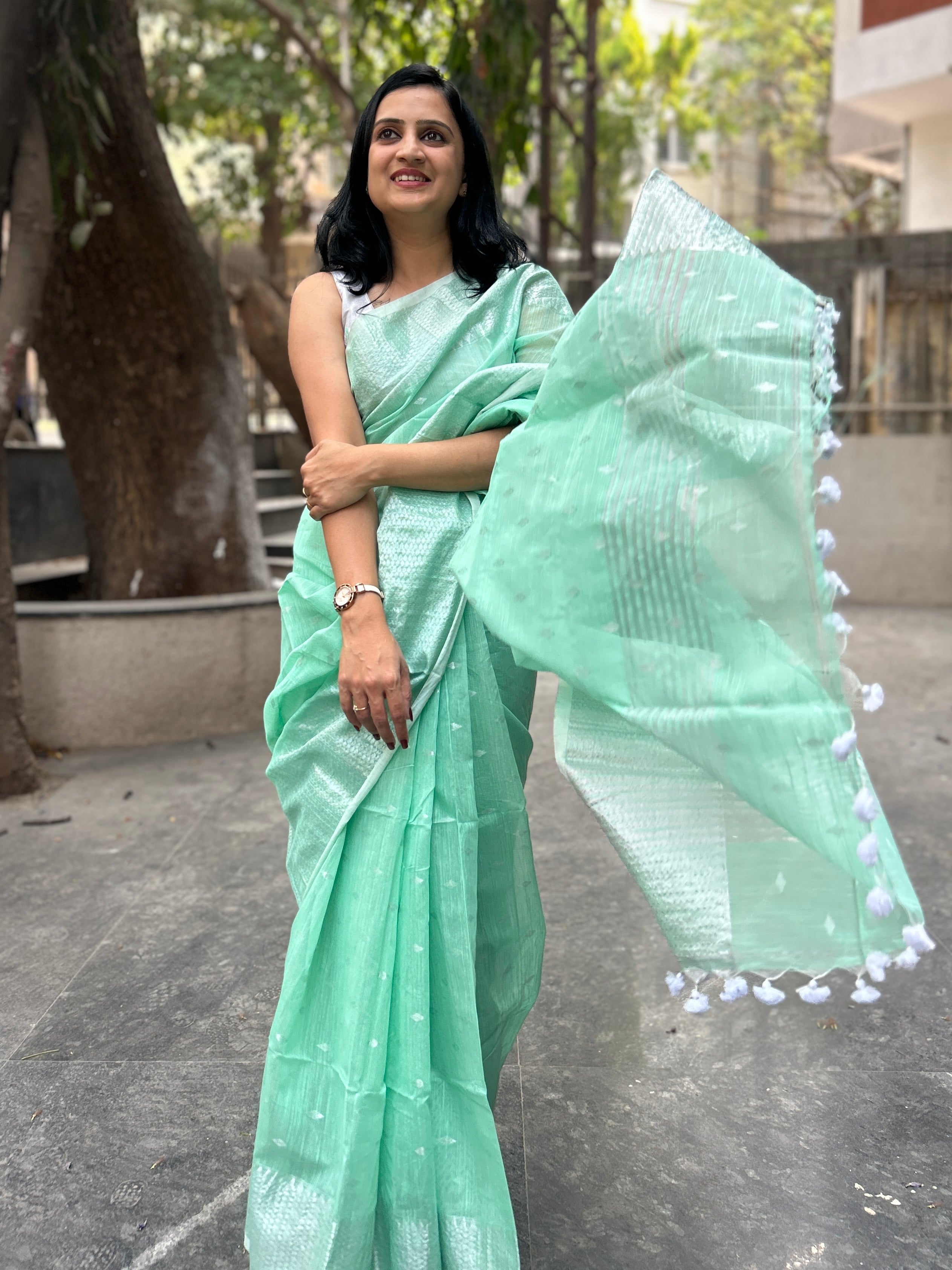 Cotton Saree with Silver Zari Work - Pista Green