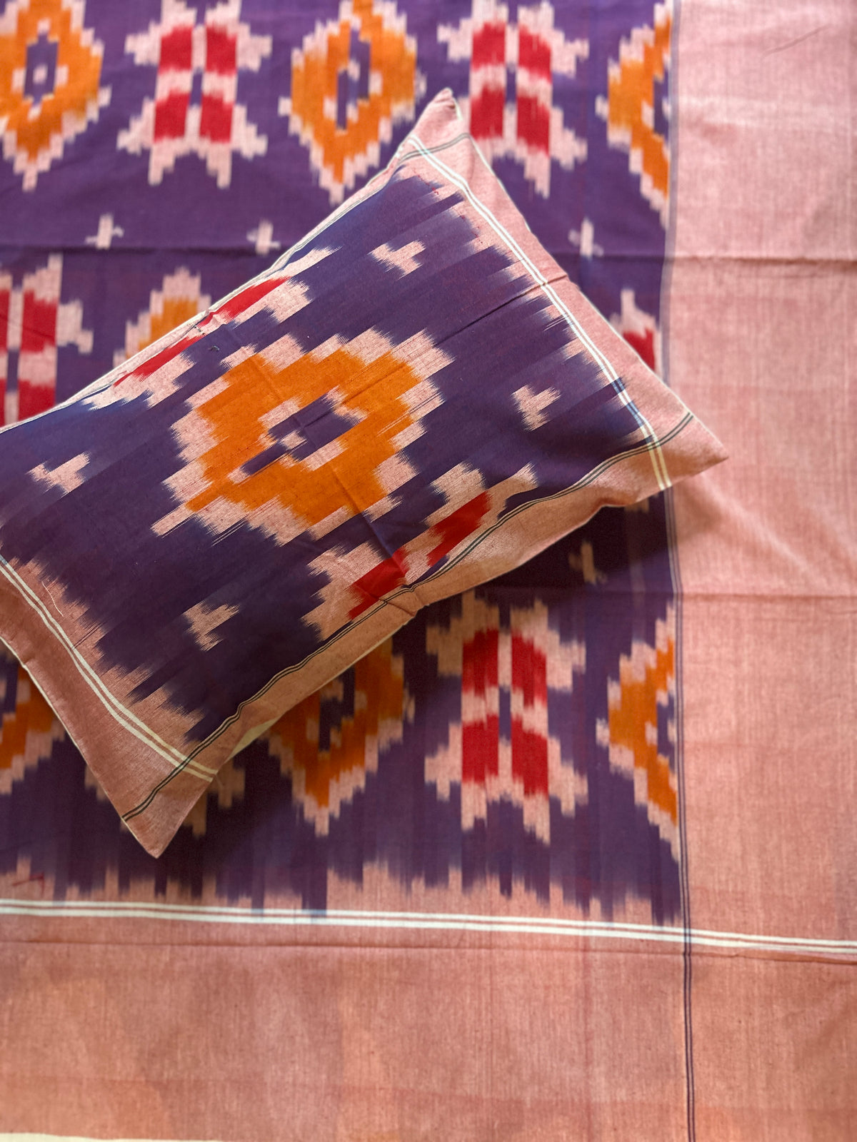 Ikat Double Bedsheet - Plum Purple & Peach