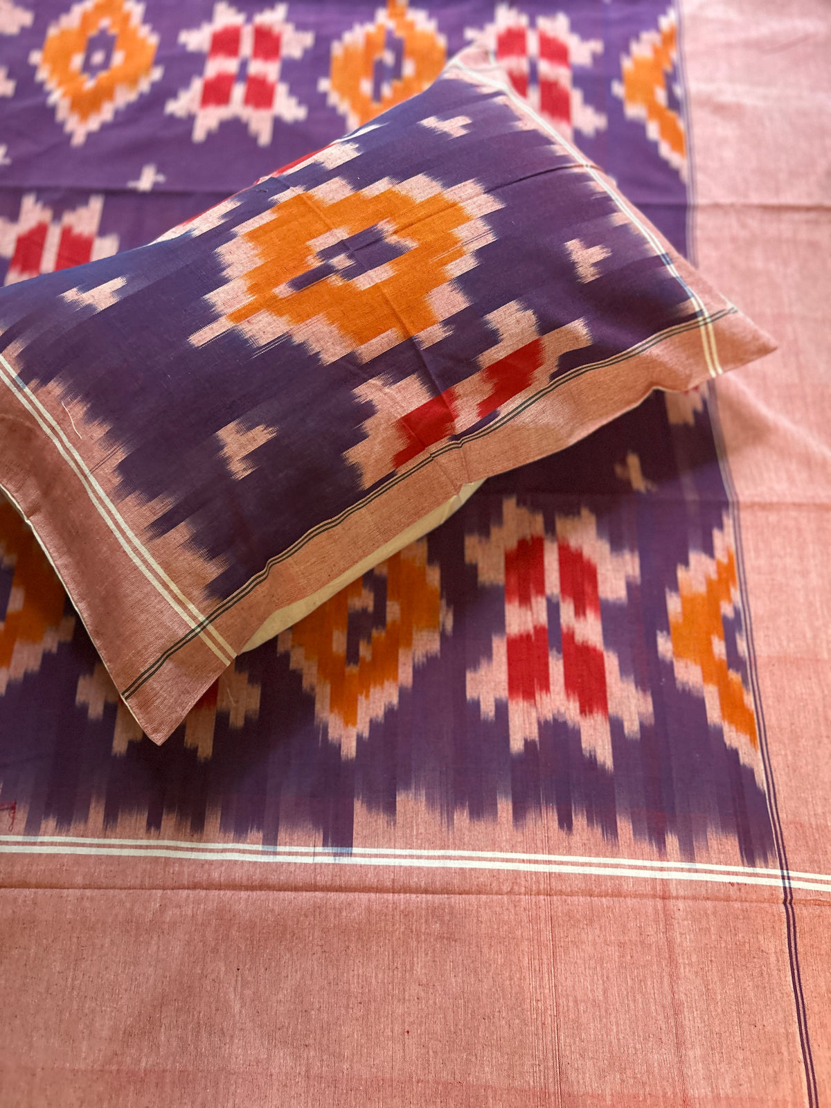 Ikat Double Bedsheet - Plum Purple & Peach