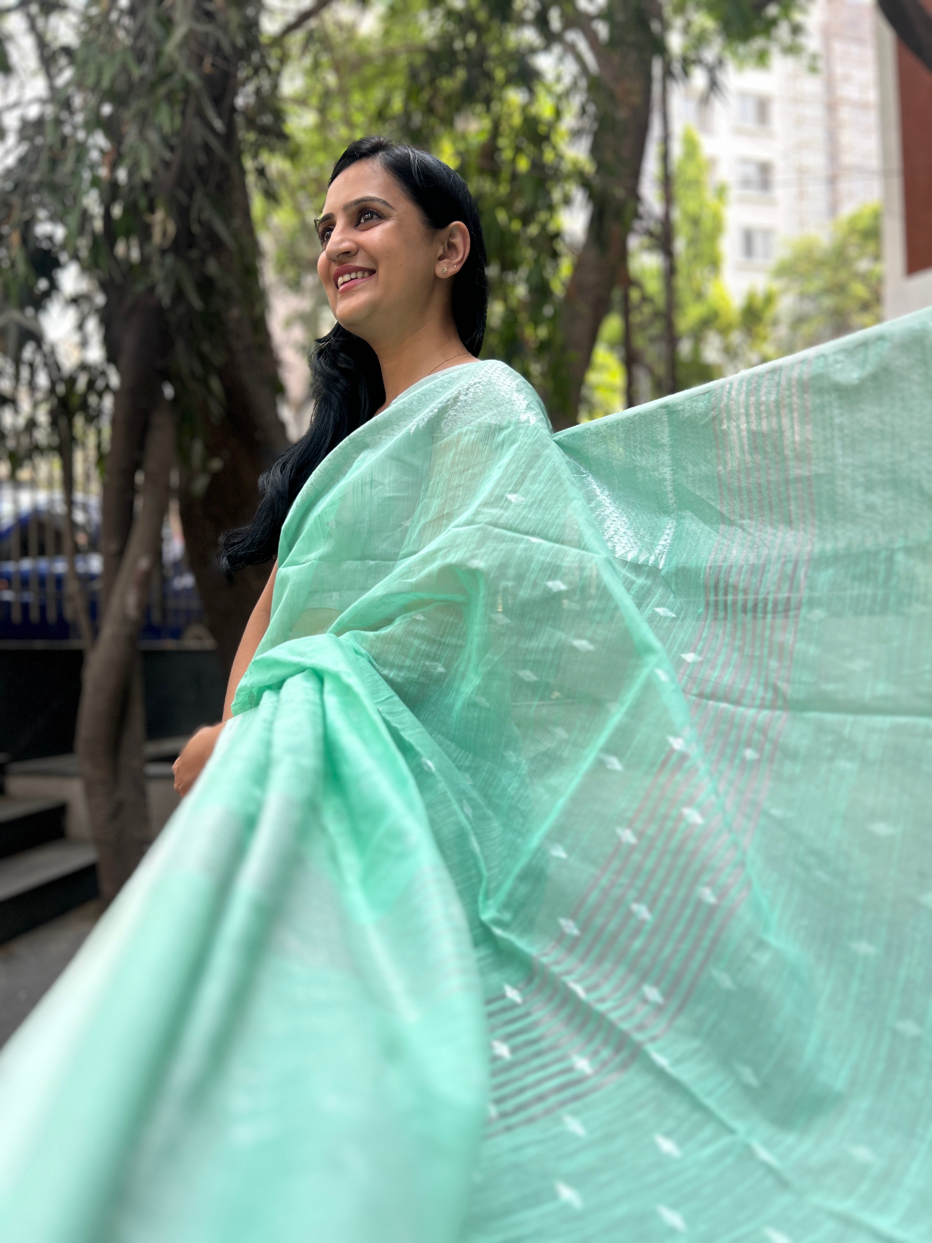 Cotton Saree with Silver Zari Work - Pista Green