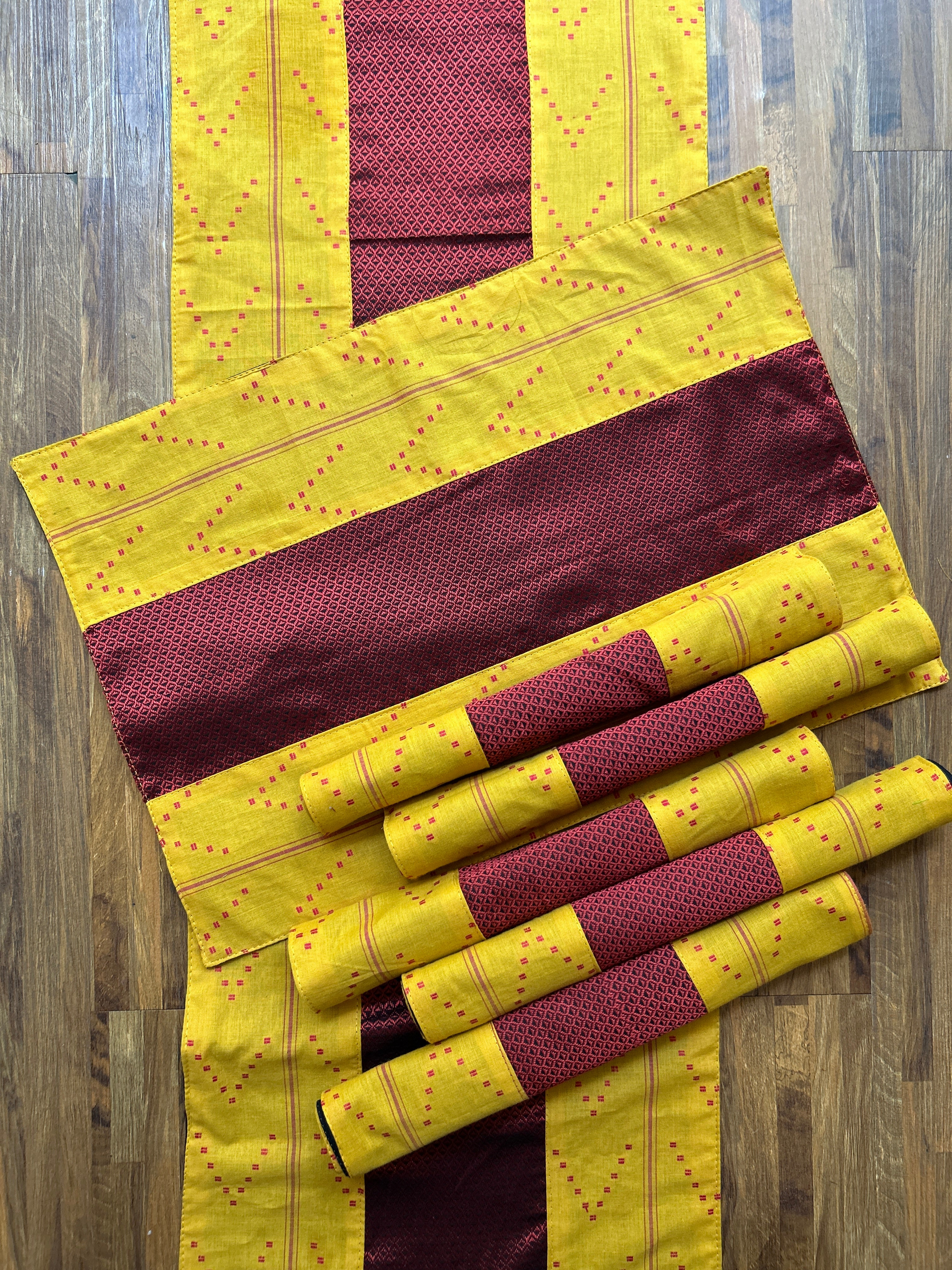 Table Mat & Table Runner Set - Yellow & Maroon Khun