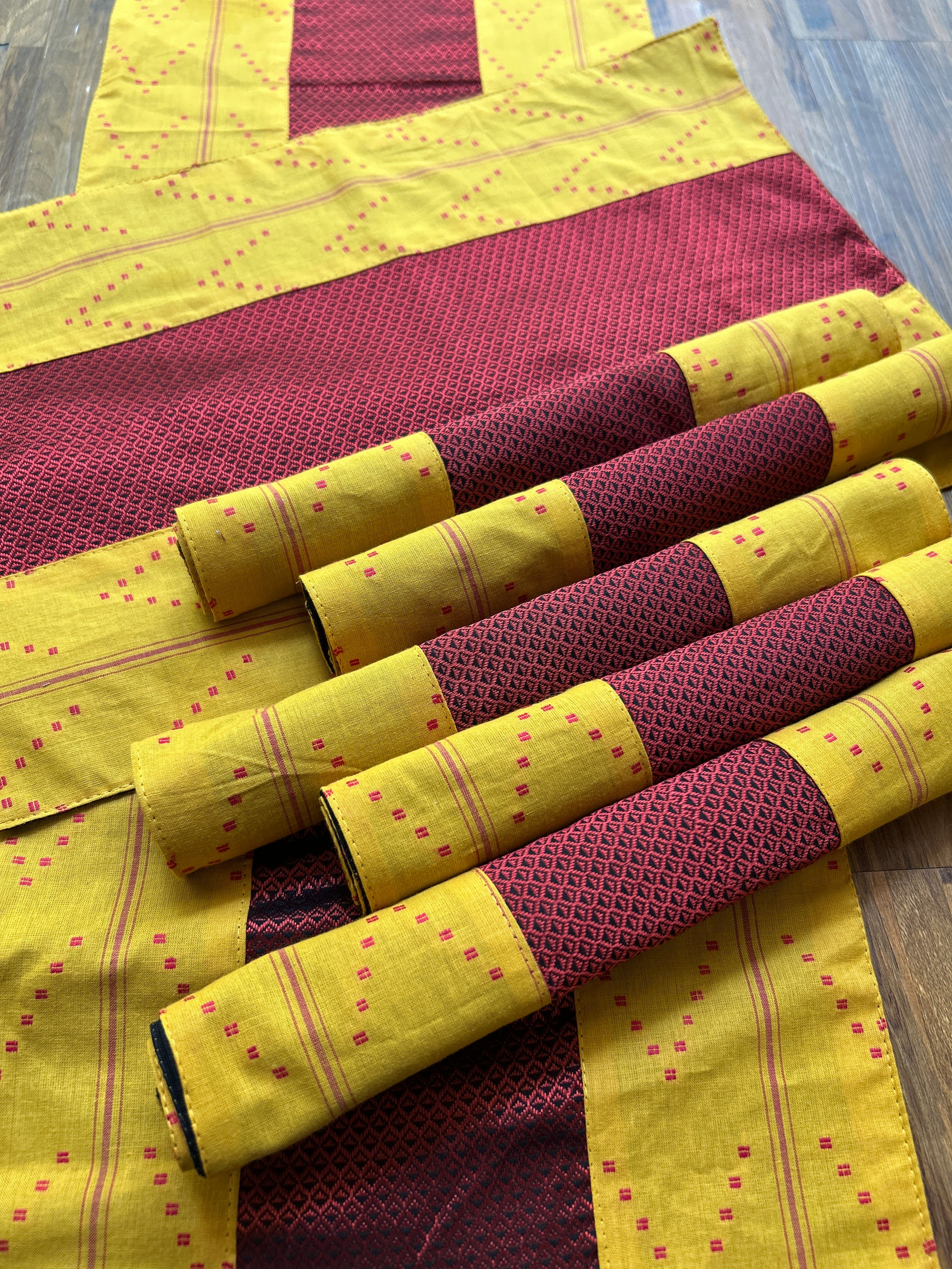 Table Mat & Table Runner Set - Yellow & Maroon Khun