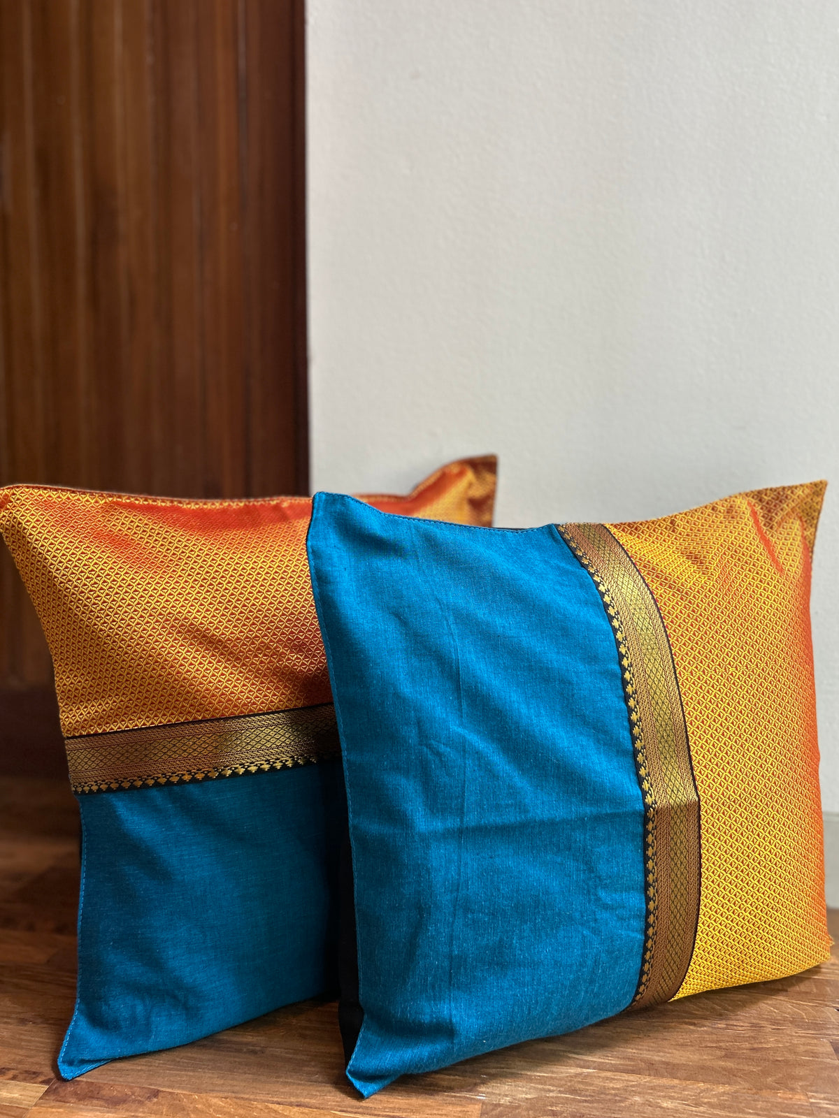 1 Piece Festive Cushion Cover - Orange Khun + Blue