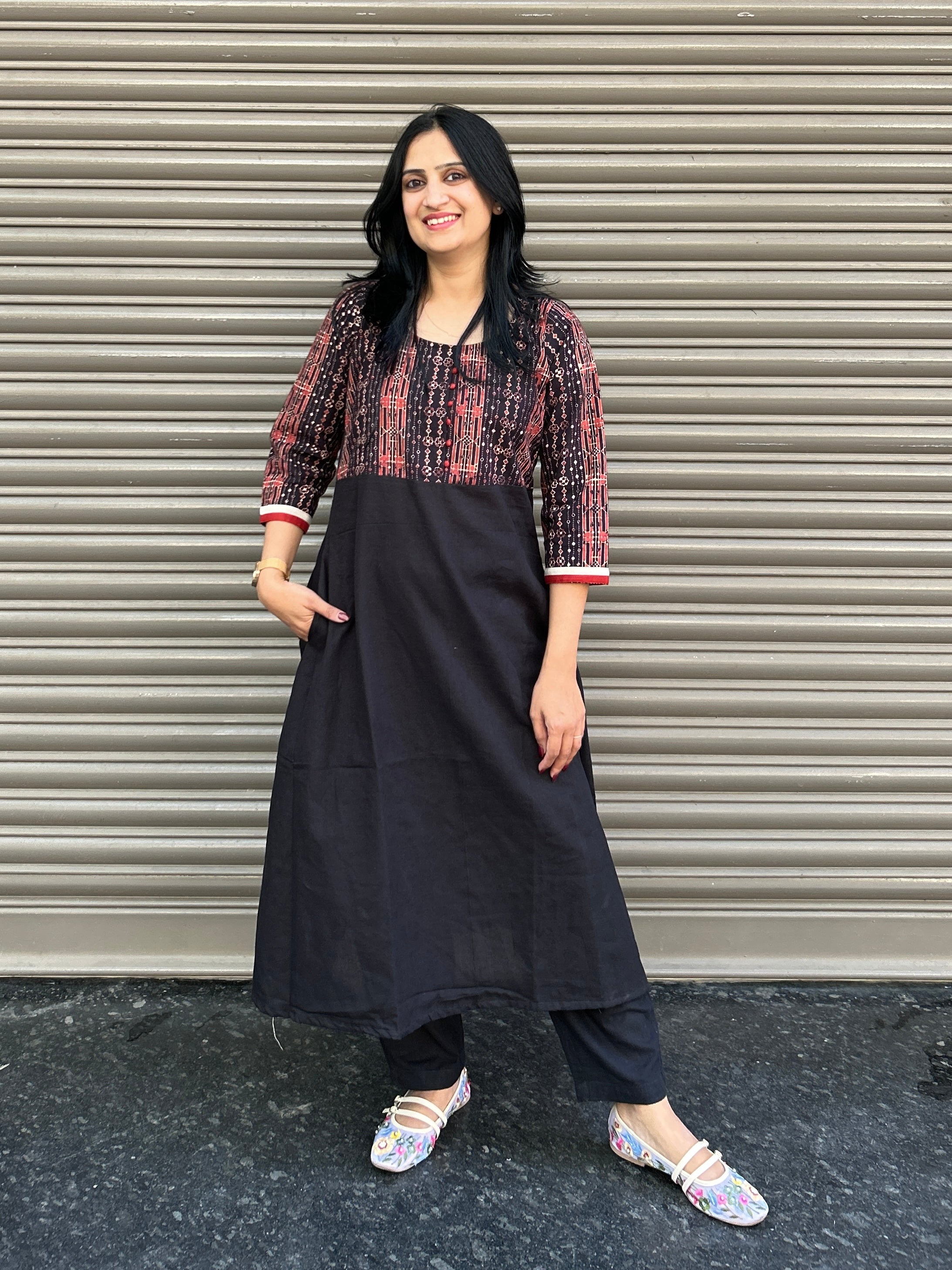 Woman's Semi Festive Cotton Kurti - Black
