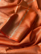 Handwoven Saree with Golden Lines - Orange
