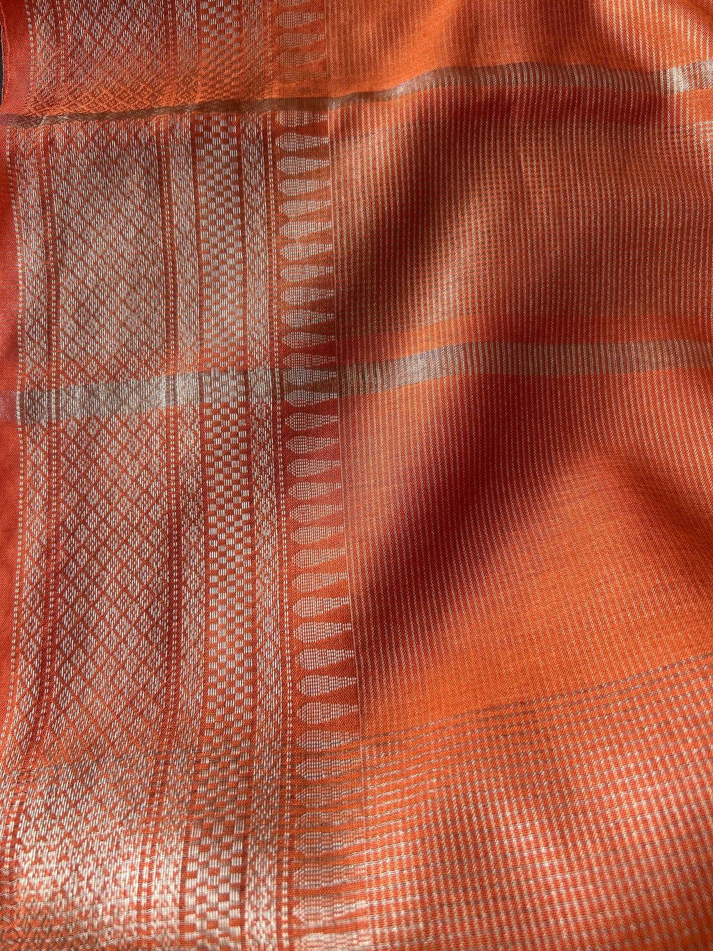 Handwoven Saree with Golden Lines - Orange