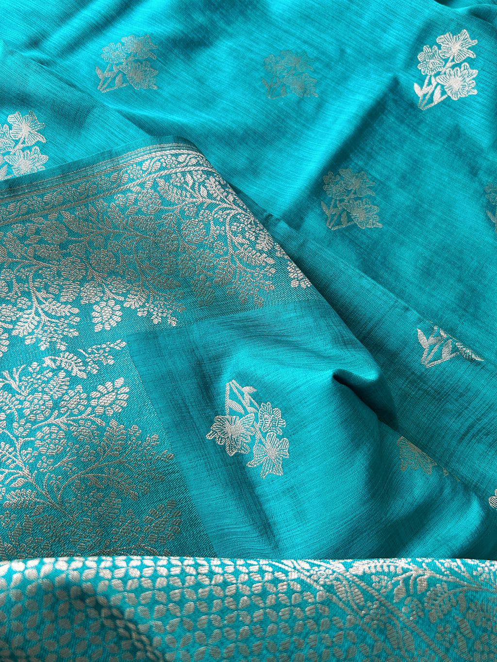 Flower Motif Cotton Silk - Turquoise